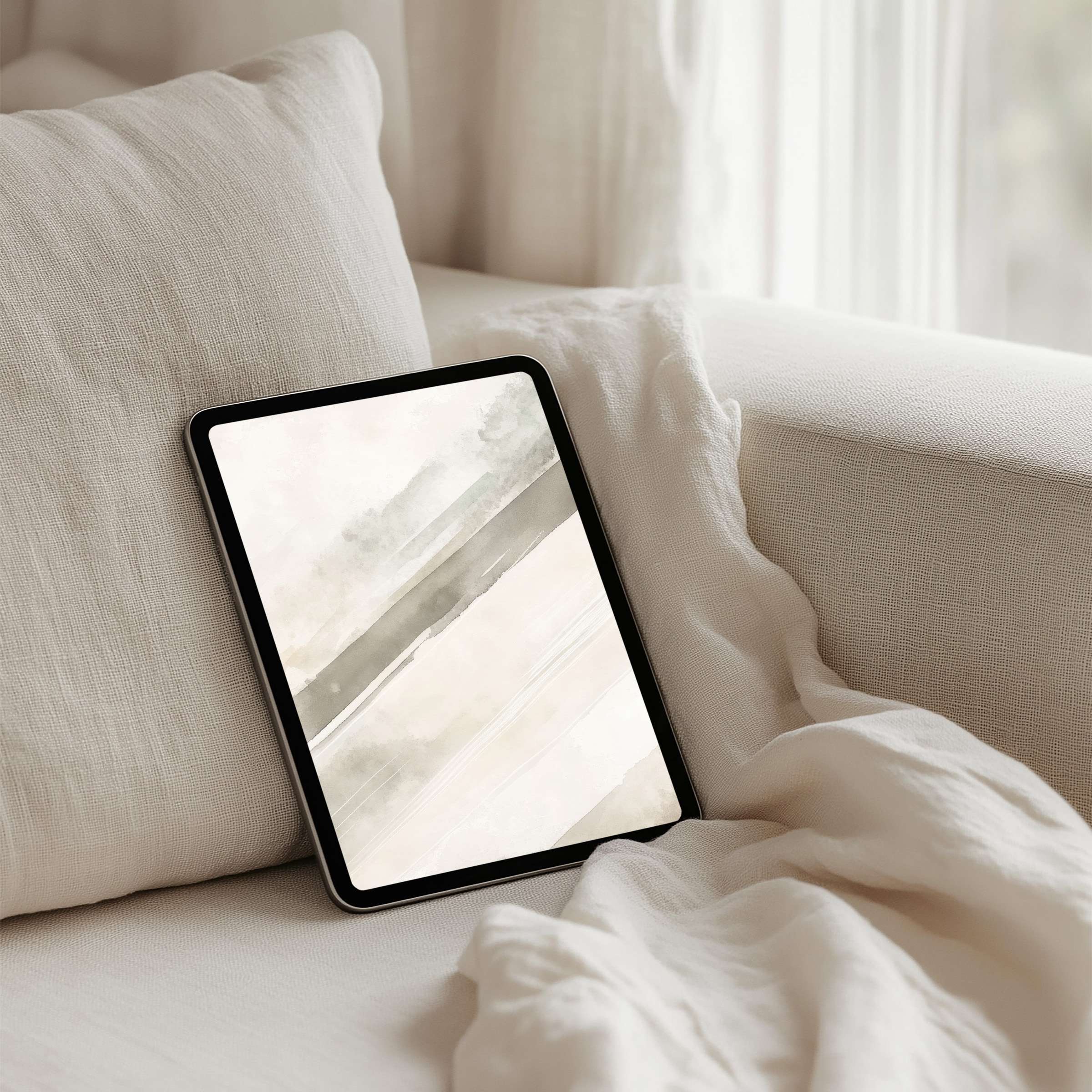 Elegant watercolor iPad background in soothing neutrals offers calm and mindfulness perfect for instant download on any tablet