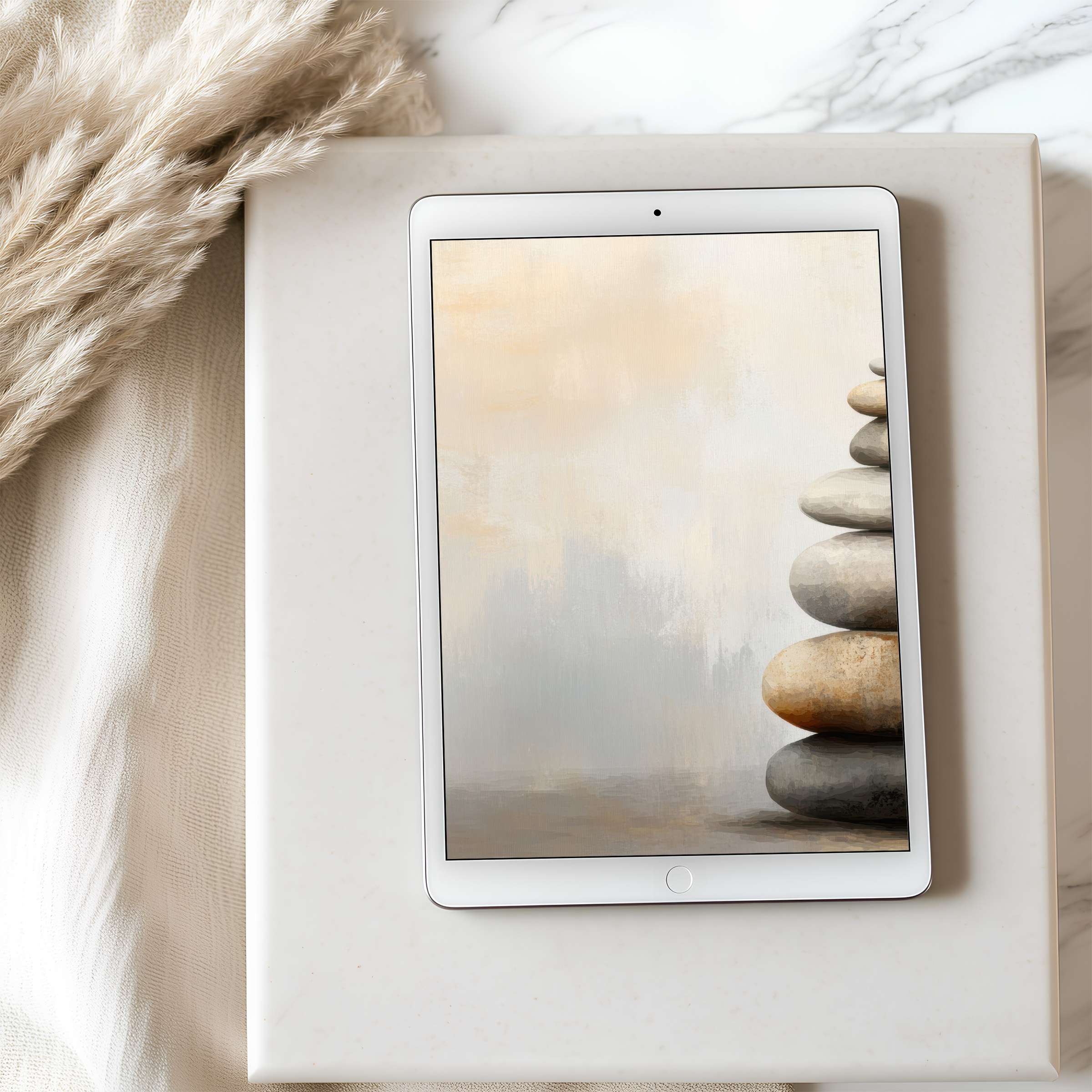 Elegant tablet wallpaper featuring serene stacked stones in calming neutrals perfect for high resolution iPad and Android tablets