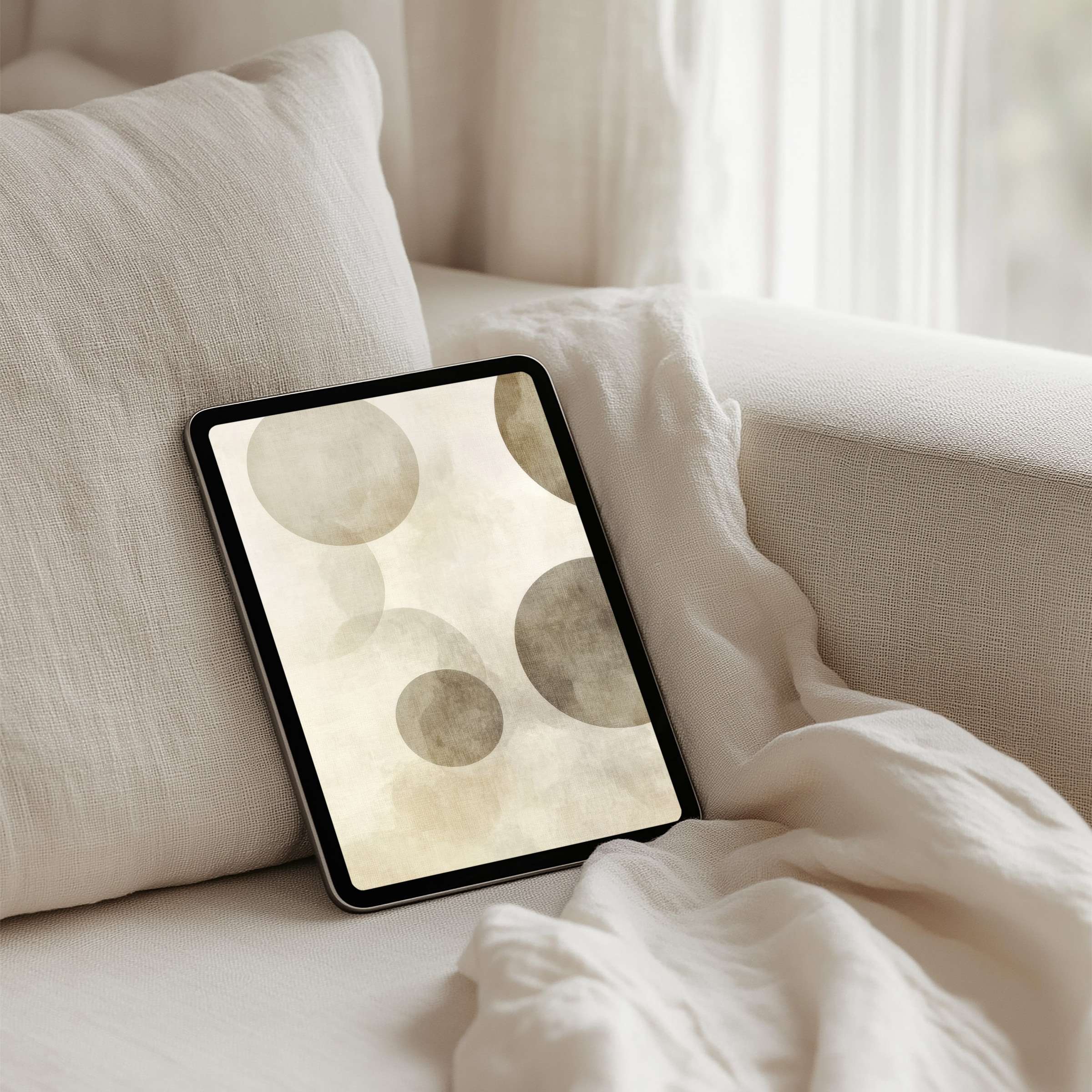 Elegant iPad background featuring soft beige circles offers inspiration and calm for instant download on any tablet device