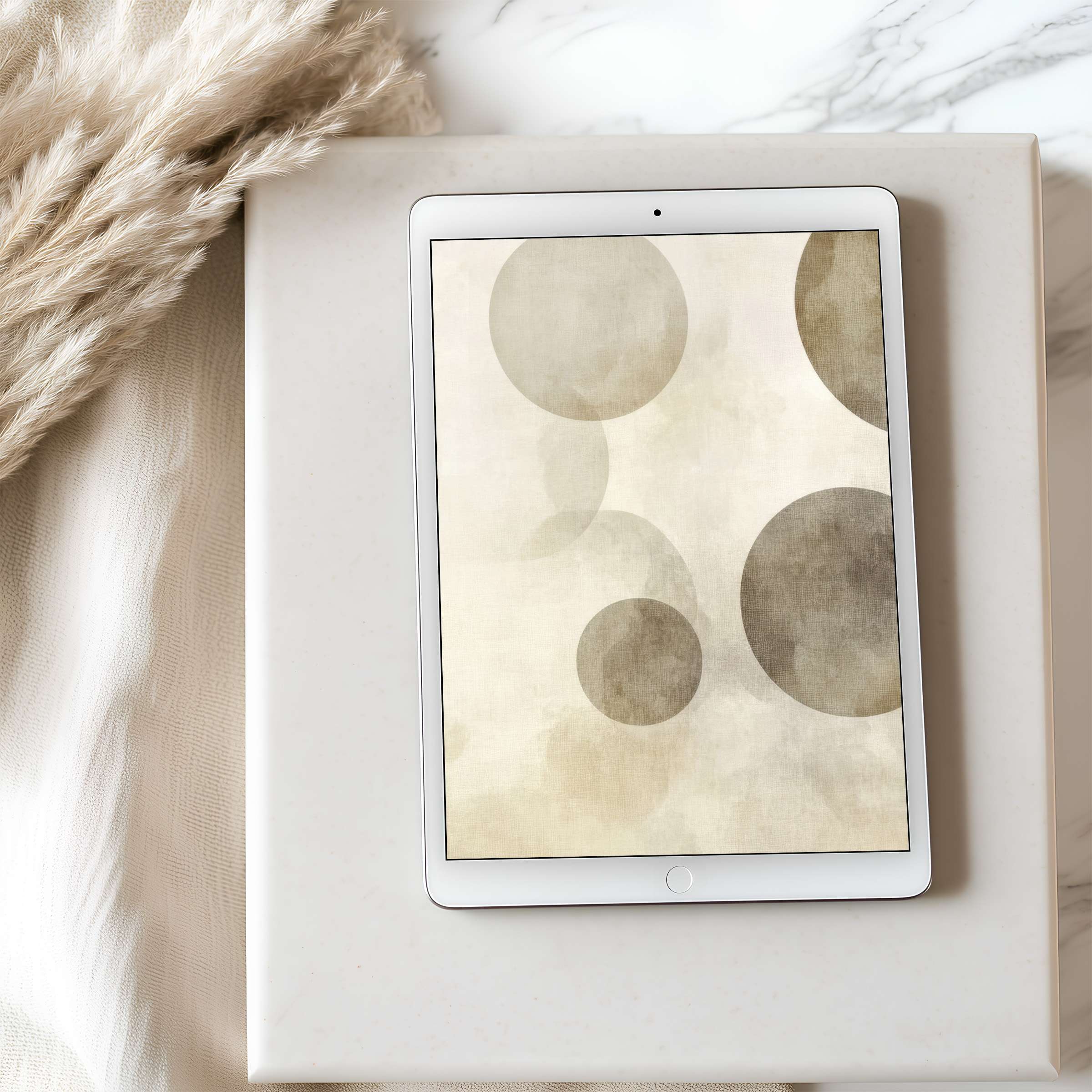 Neutral-toned abstract circles create a calming tablet wallpaper, perfect for high resolution iPad or Android digital downloads