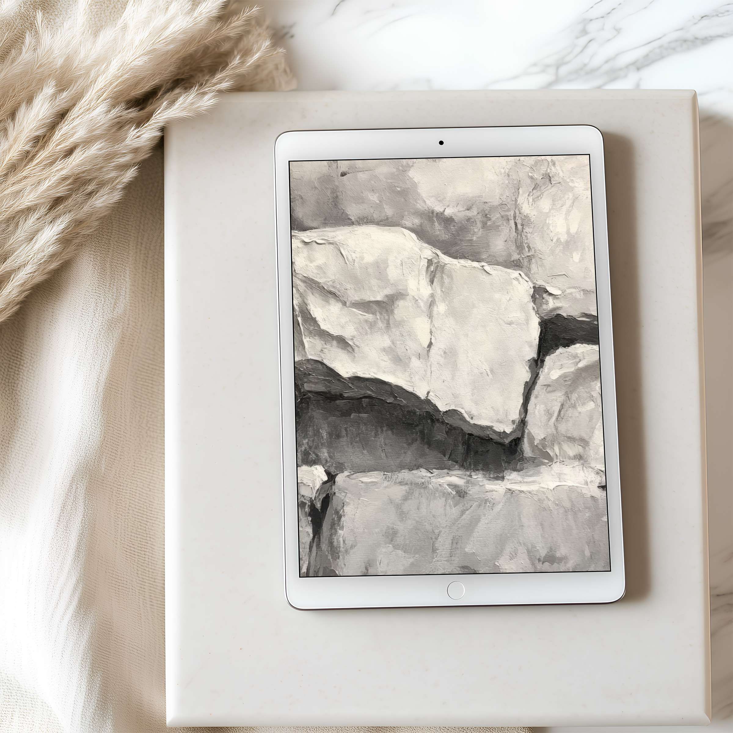 Elegant tablet wallpaper featuring serene grayscale abstract stone art, perfect for curated iPad or Android tablet screens, digital download