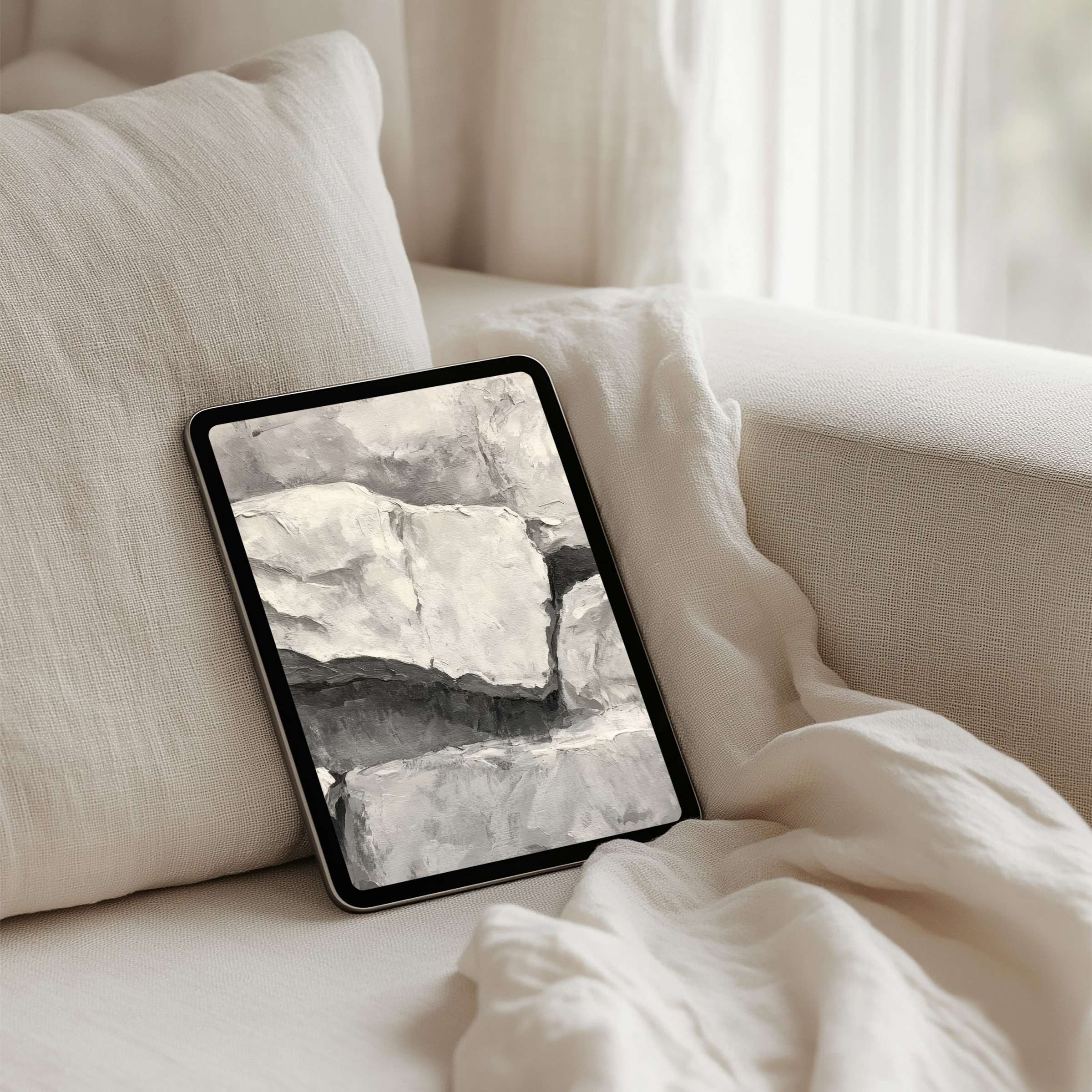 Calming abstract iPad background in soft greys and whites for instant download fits any tablet inspires elegance and mindfulness