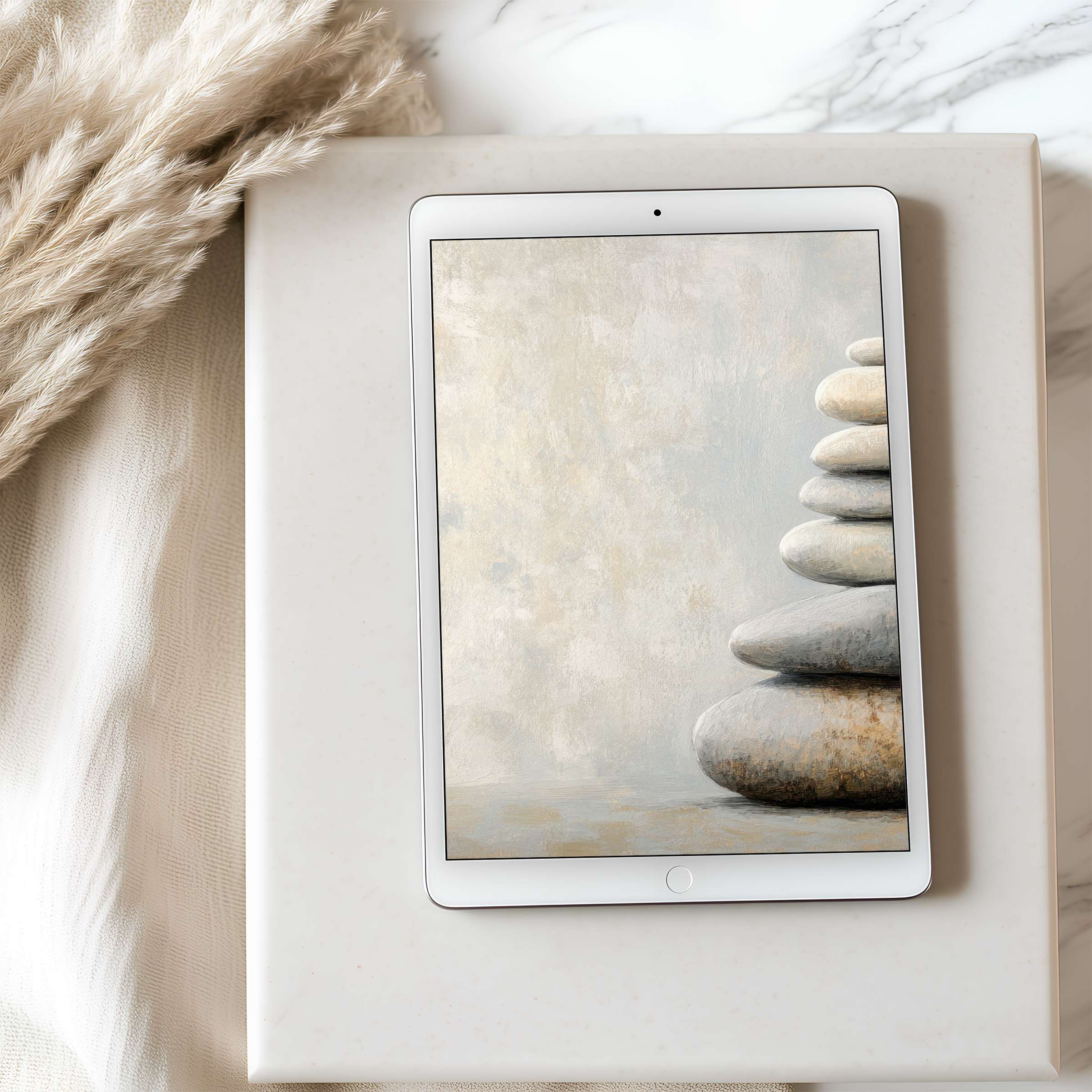 Elegant stone stack tablet wallpaper in calming neutrals offers high resolution for iPad or Android tablets digital download
