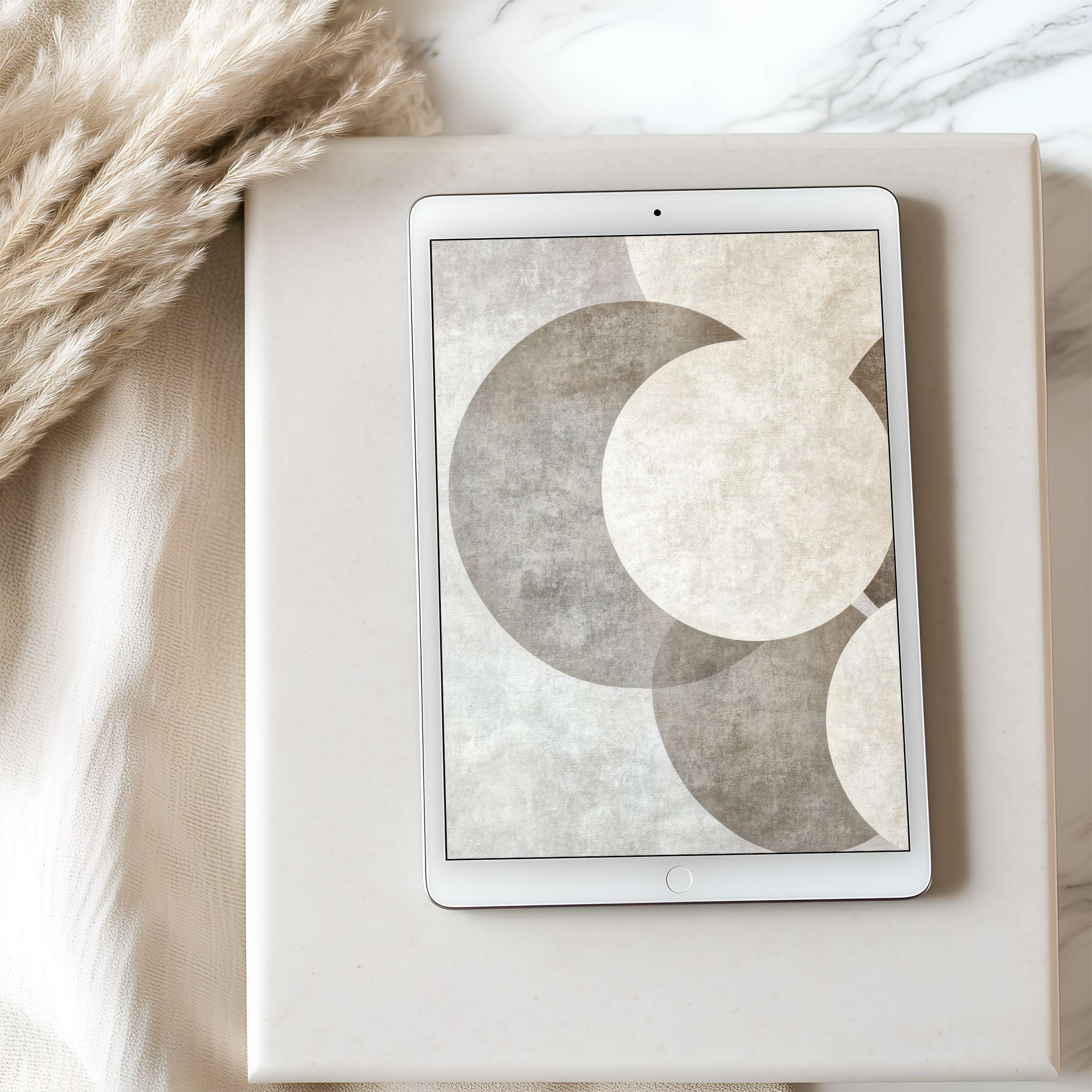 Elegant abstract tablet wallpaper with soft beige and gray circles on high resolution, ideal for iPad digital downloads, enhances tranquility
