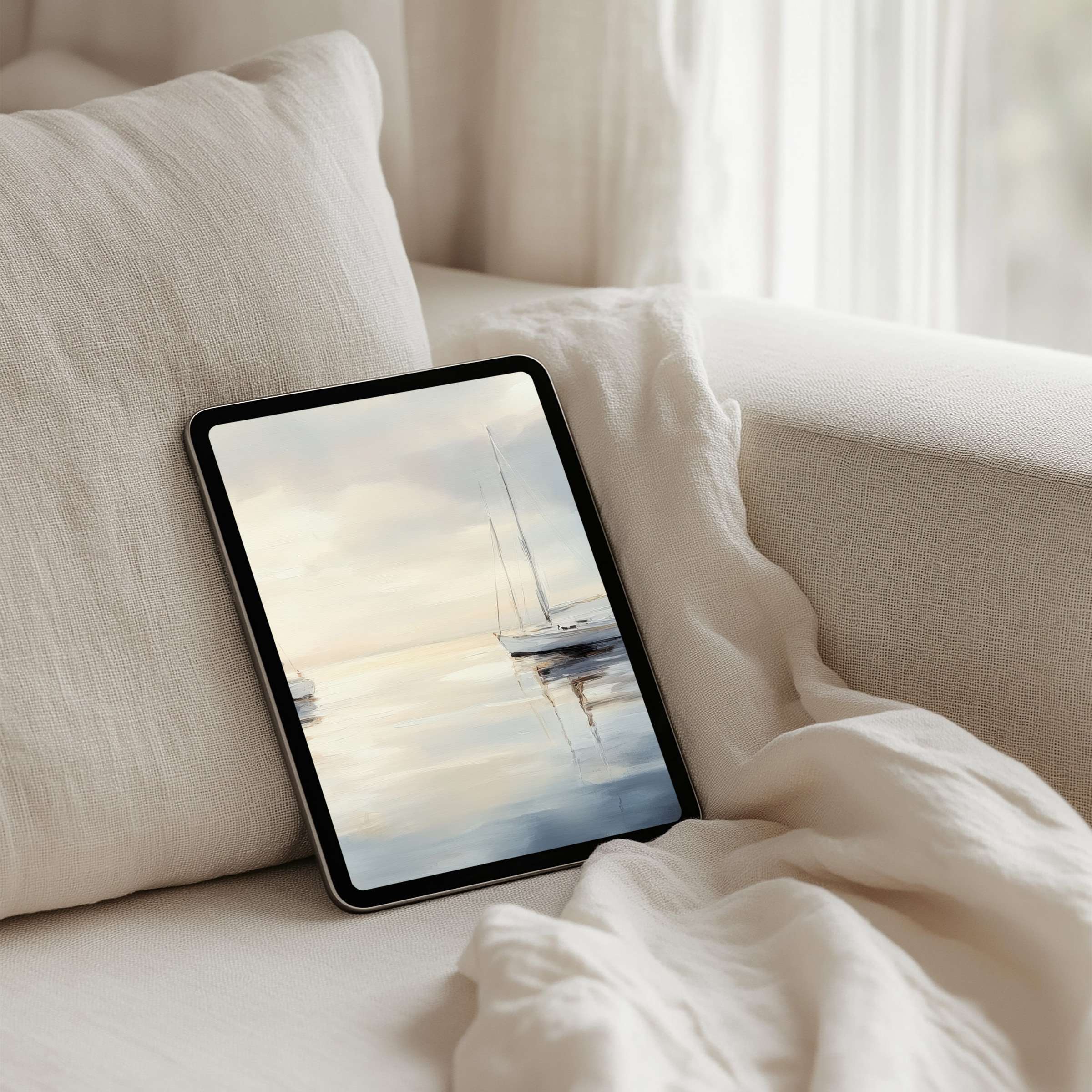 Calming pastel hues in a serene sailboat scene make this iPad background an elegant instant download for any tablet user