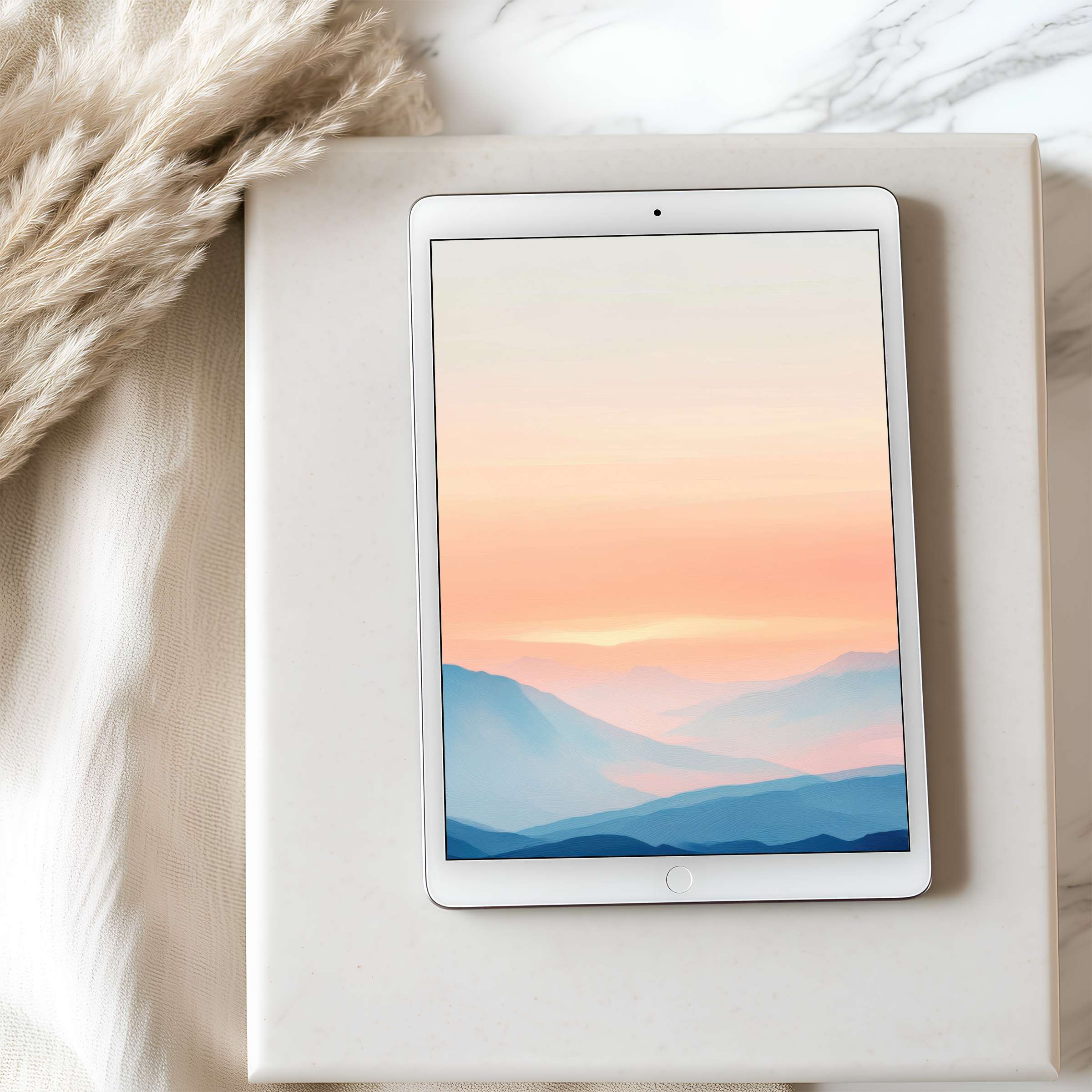 Serene mountainscape tablet wallpaper in soft peach and blue hues elevates your iPad's aesthetics with high resolution digital download