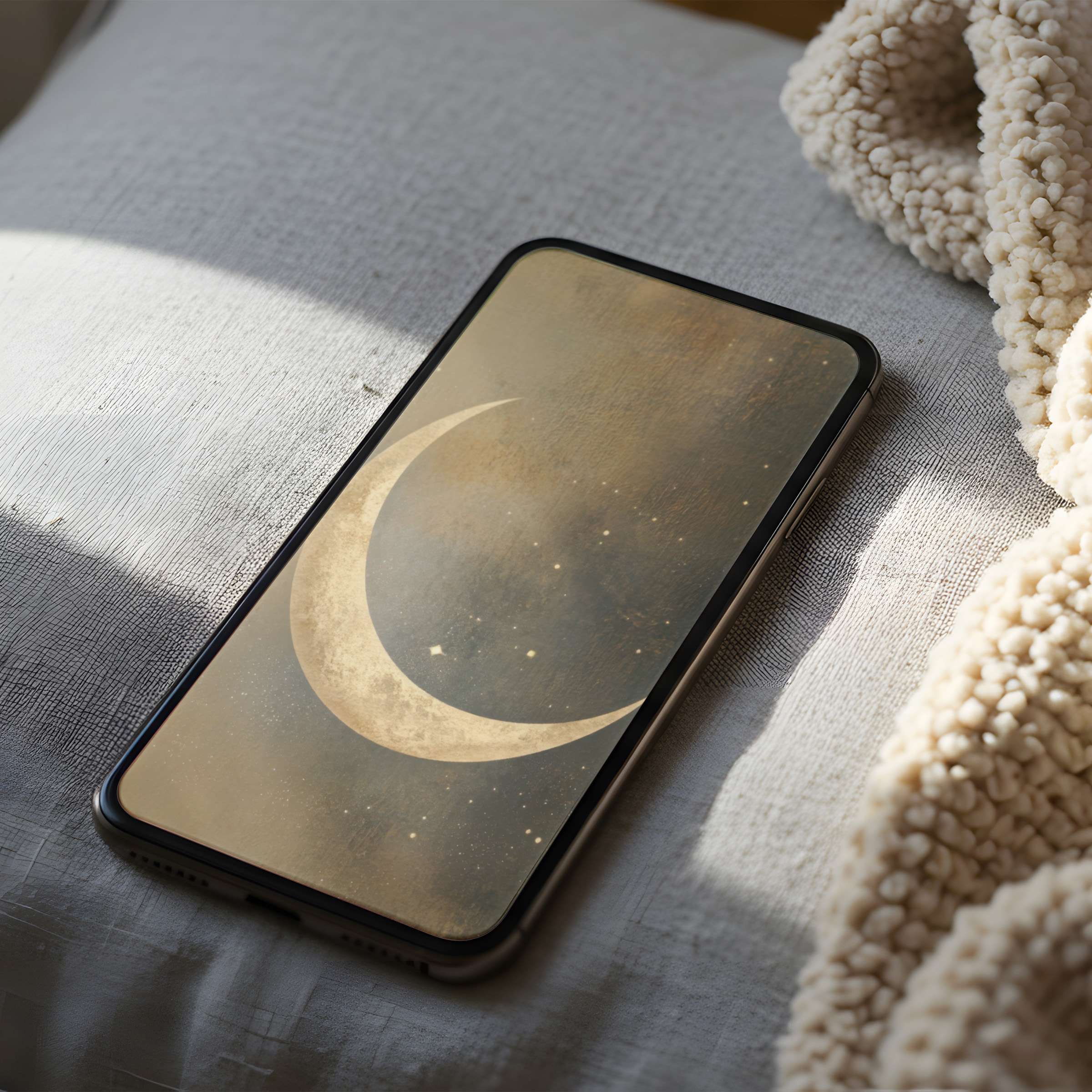 Elegant crescent moon phone wallpaper in soothing earth tones, perfect high-resolution digital download for iPhone and Android tranquility