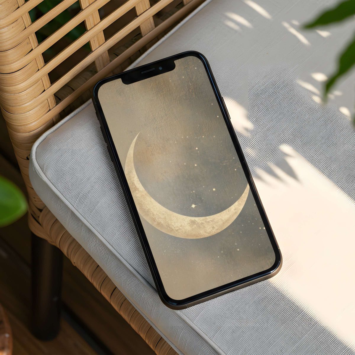 Calming crescent moon art for iPhone background evokes elegance and mindfulness with an instant download for any phone screen