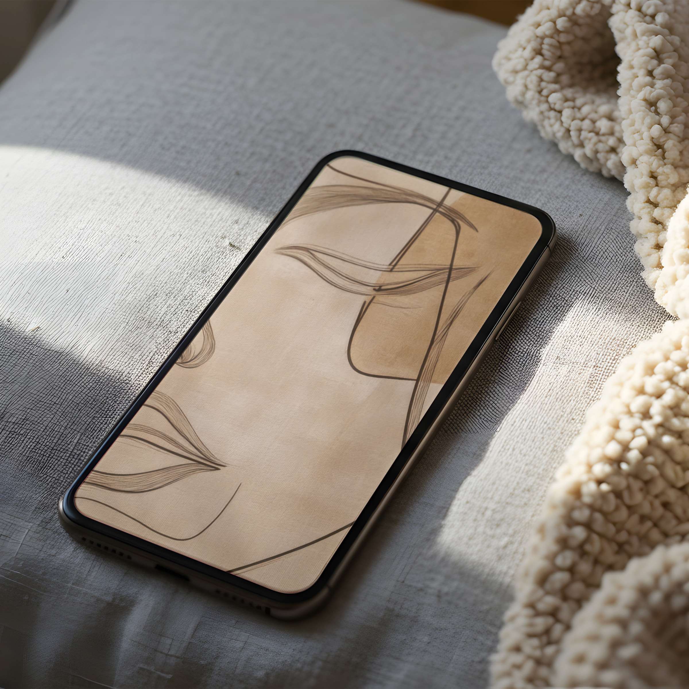 Elegant line art phone wallpaper in soft beige tones adds calm sophistication to your iPhone or Android, perfect for digital download