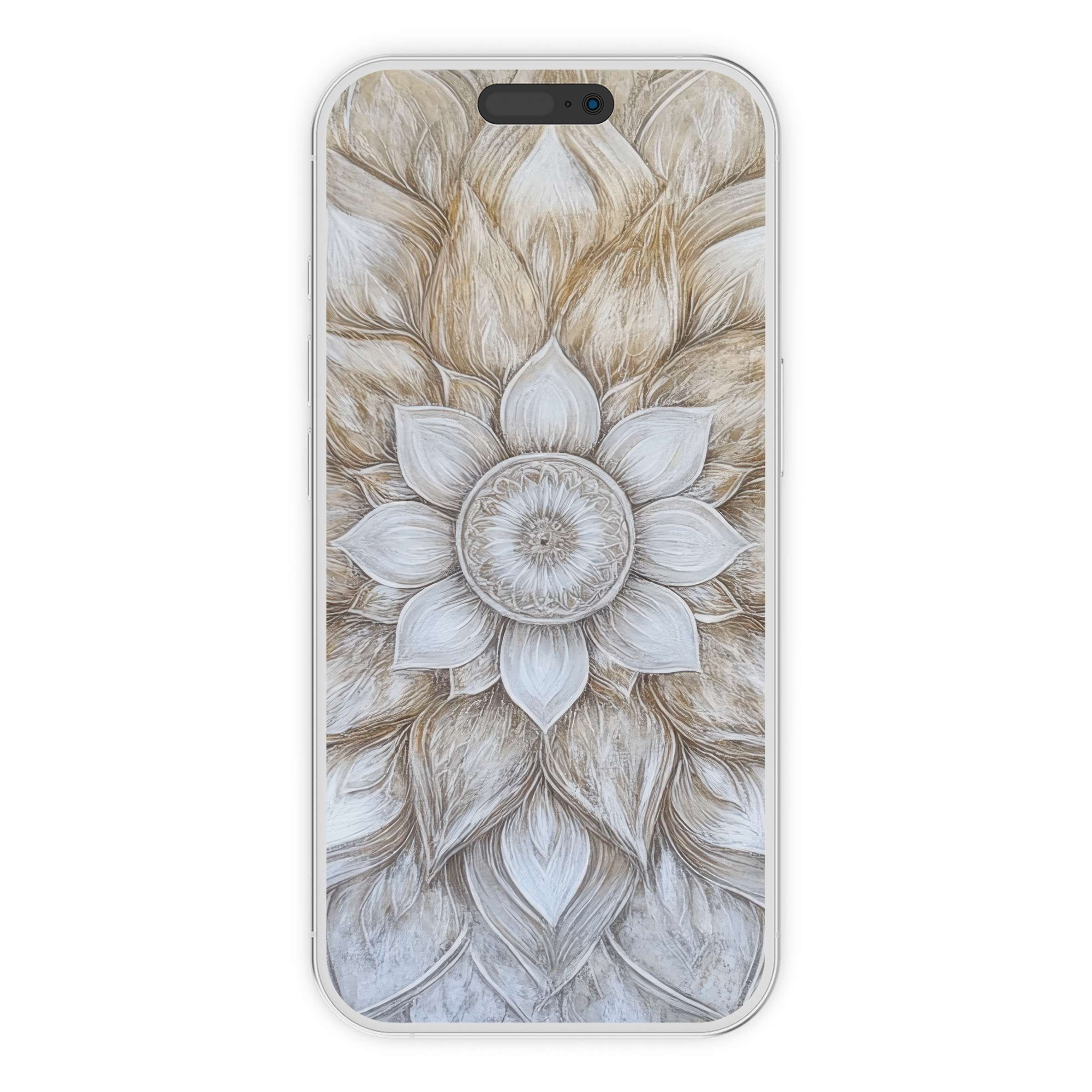 Neutral iPhone wallpaper with an elegant mandala pattern in soft beige and white, perfect digital download for calm phone backgrounds