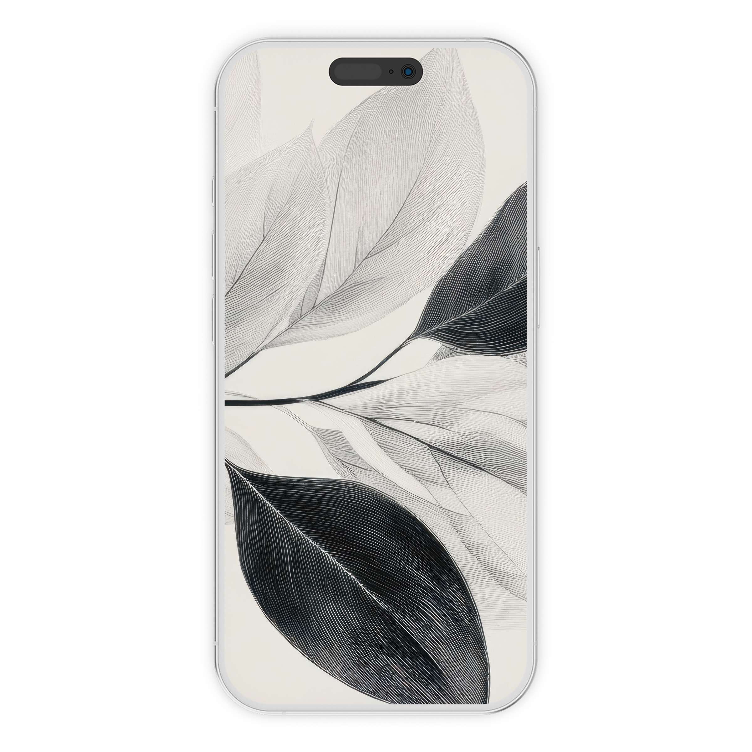 Neutral iPhone wallpaper showcasing elegant grayscale leaves, offering a serene digital download phone background for a calming atmosphere