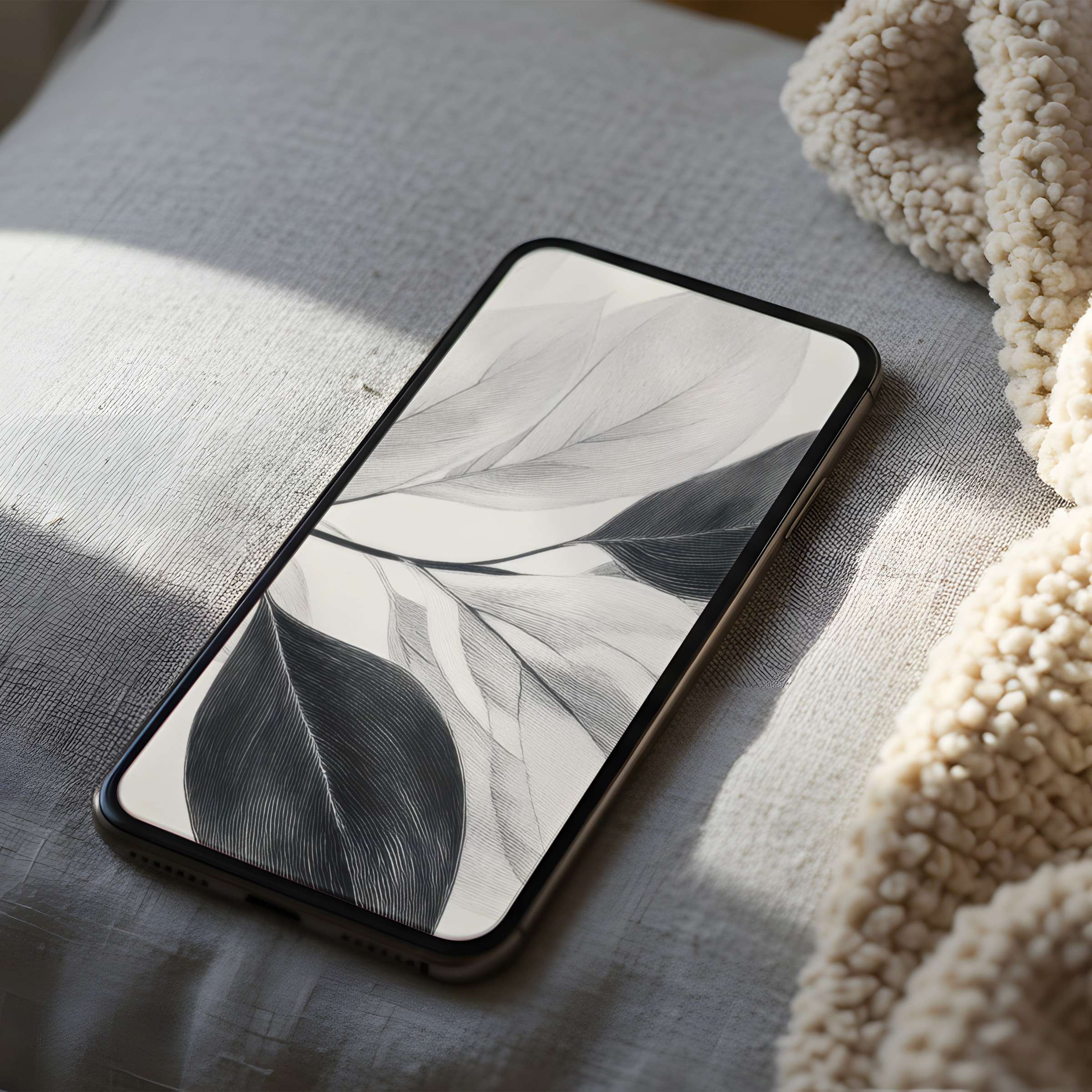 Elegant phone wallpaper featuring monochrome leaves design, perfect for iPhone and Android, offers high resolution and soothing aesthetics