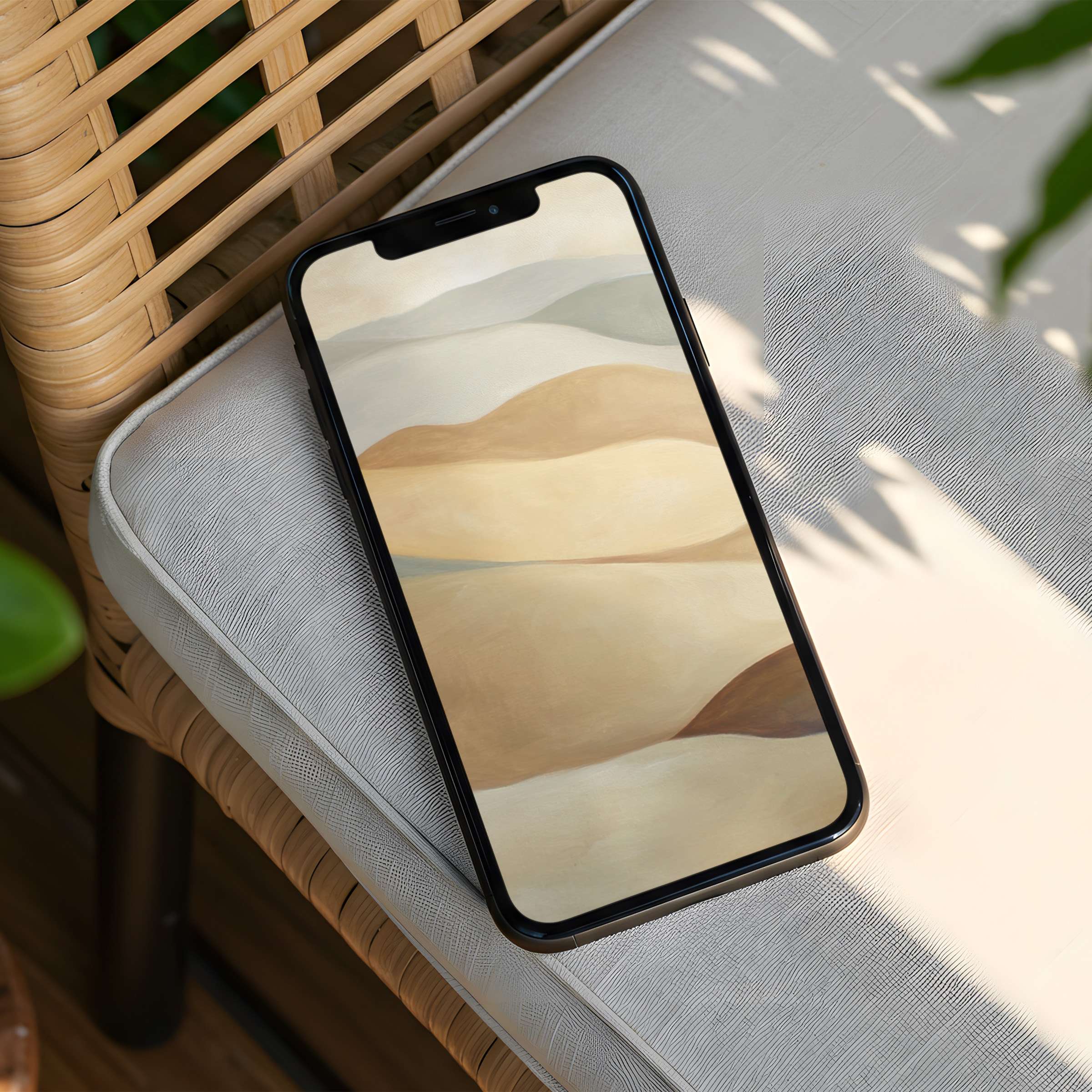 Elegant iPhone background featuring calming neutral waves on a phone screen perfect for instant download and mindful inspiration