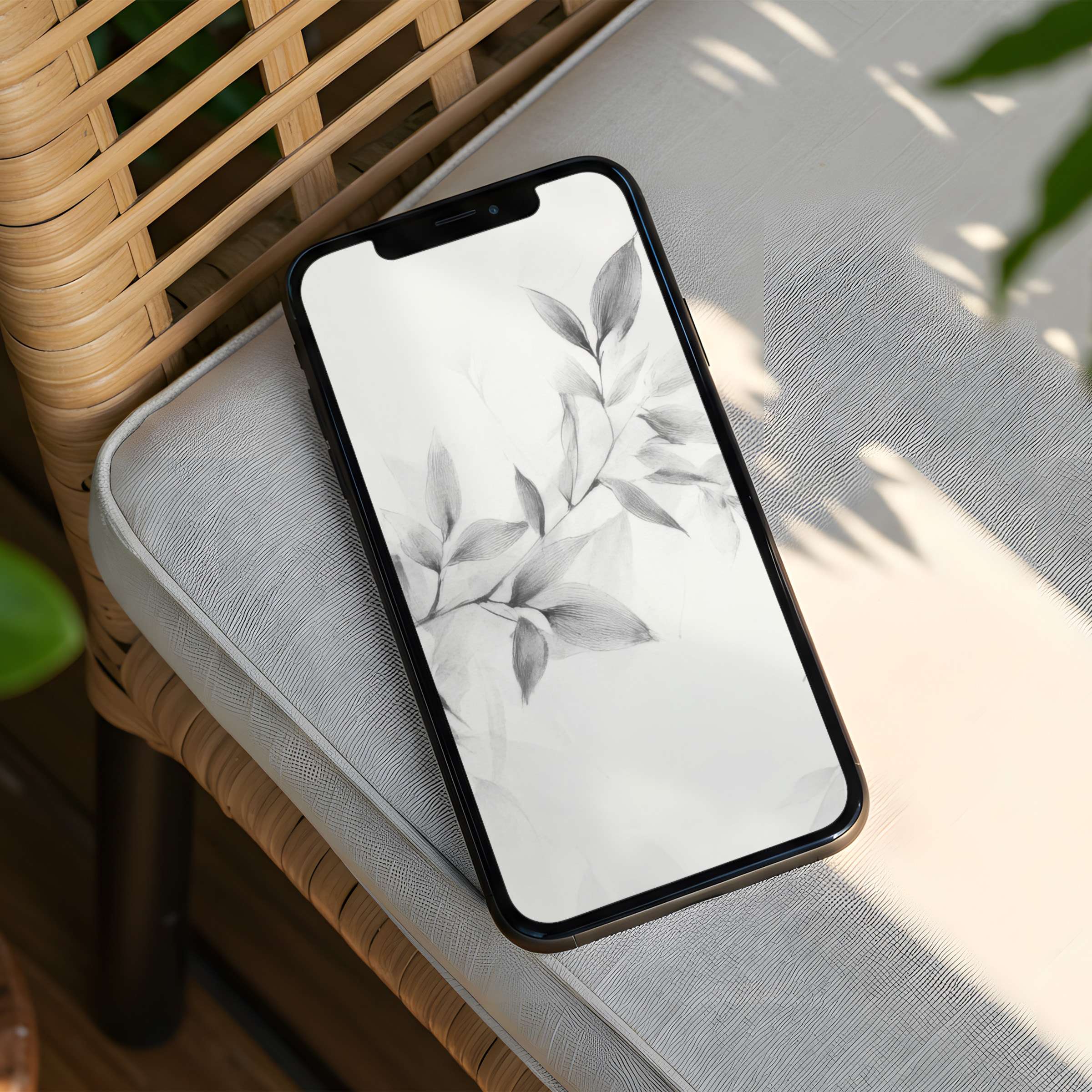 Elegant iPhone background featuring soft grayscale leaves for instant download to inspire calm and mindfulness on your phone