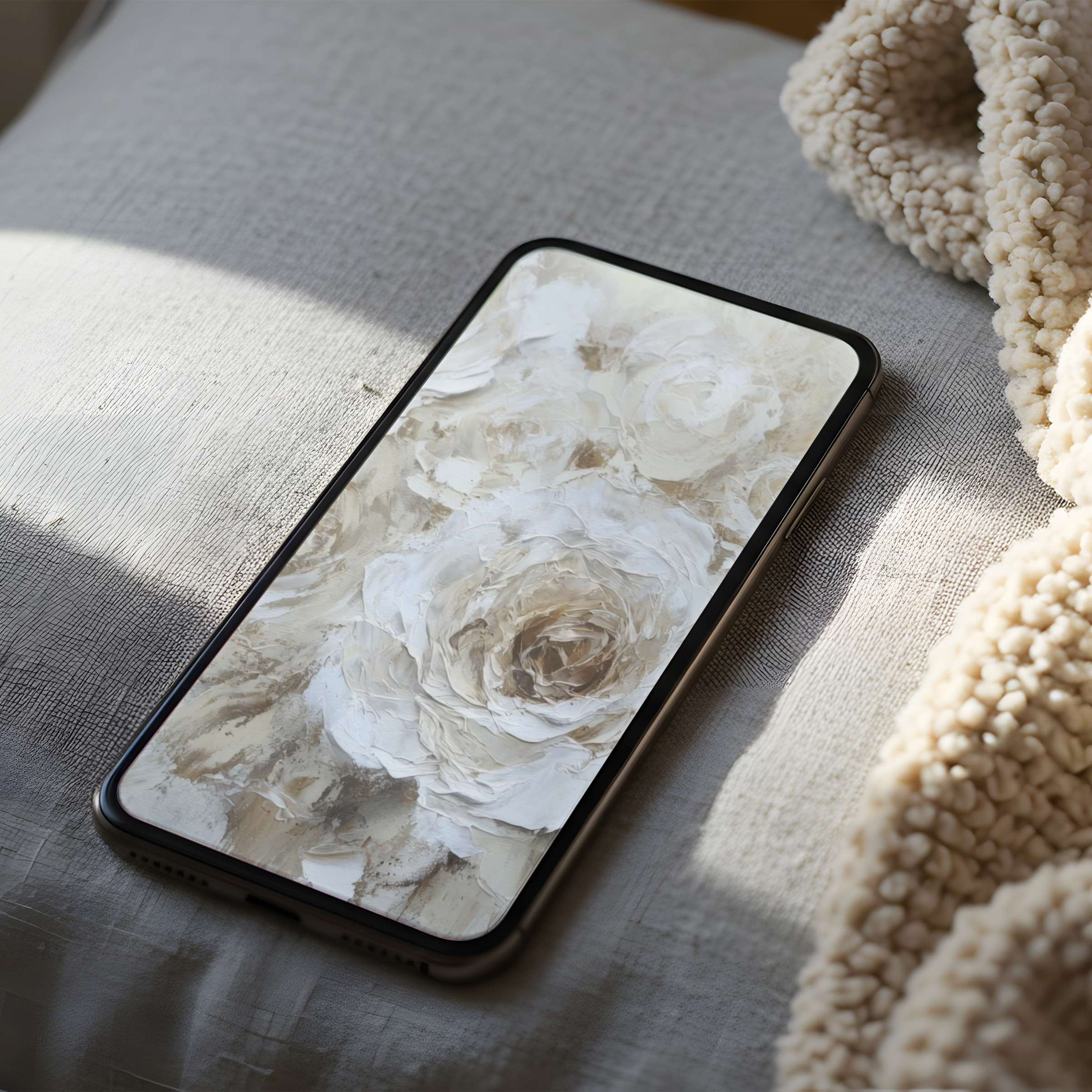 Elegant white floral phone wallpaper offers a tranquil, high resolution digital download perfect for iPhone and Android devices