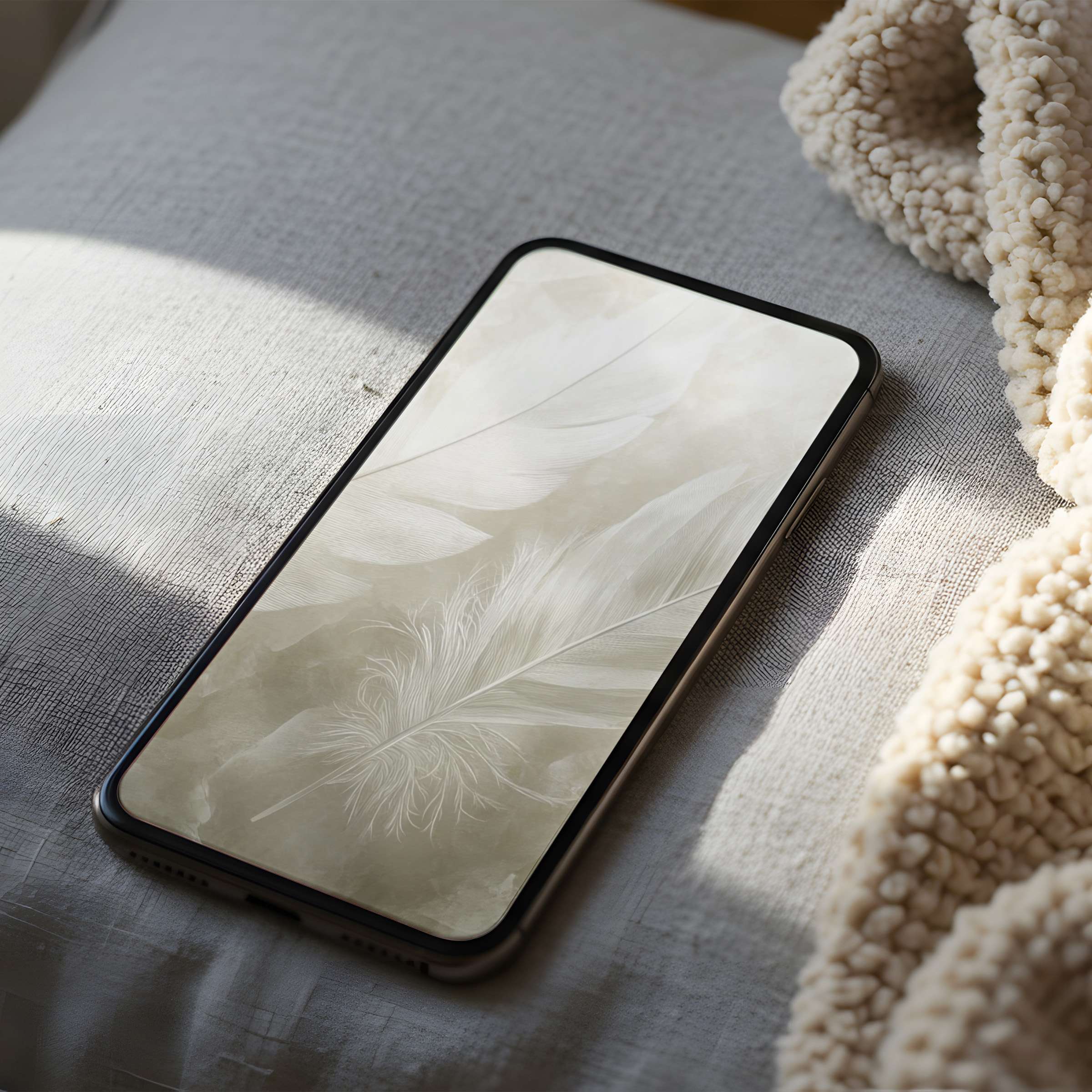 Elegant phone wallpaper featuring soft, white feathers on a high-resolution digital art design, perfect for iPhone and Android download