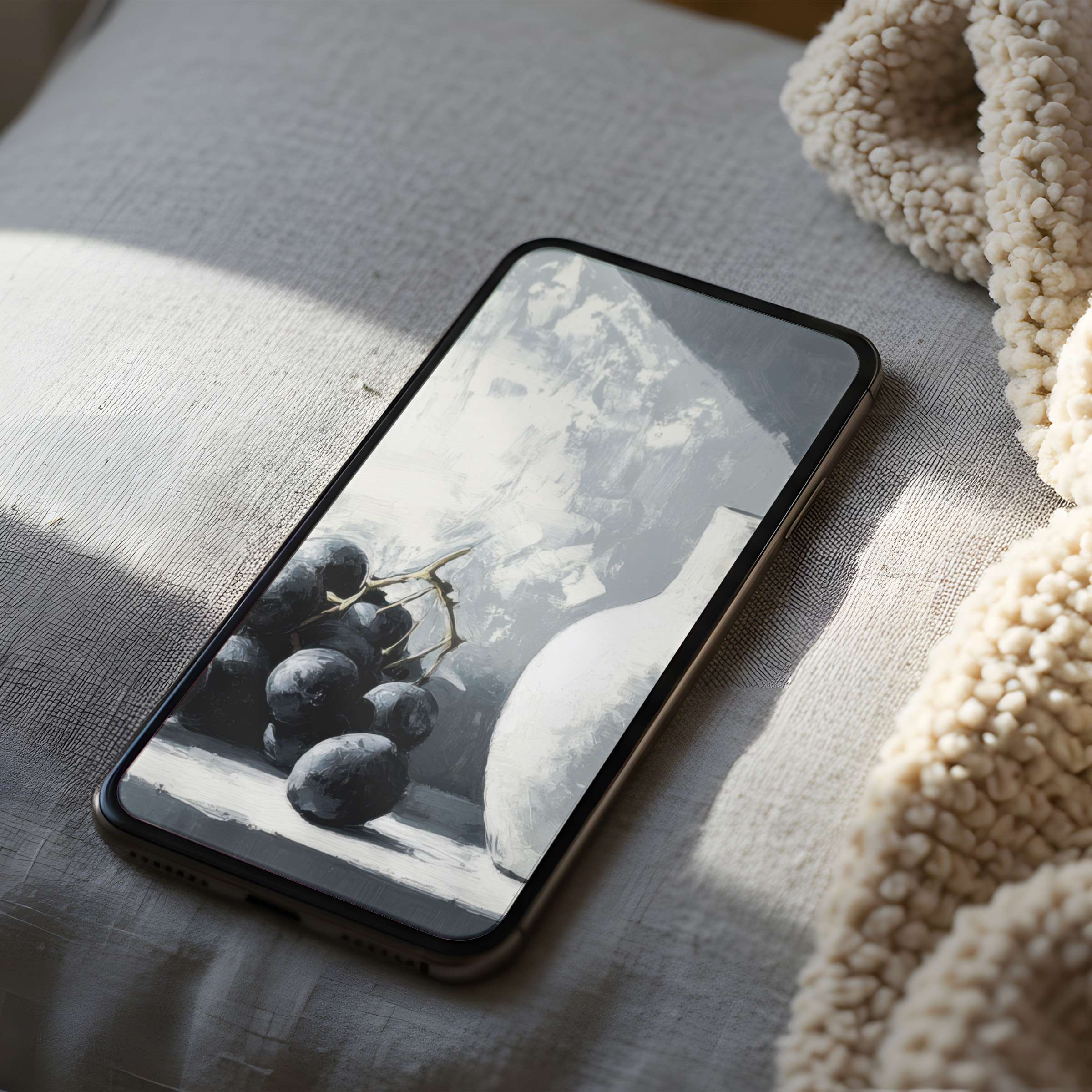 Elegant phone wallpaper featuring a high-resolution grayscale still life with grapes and vase, perfect for both iPhone and Android downloads