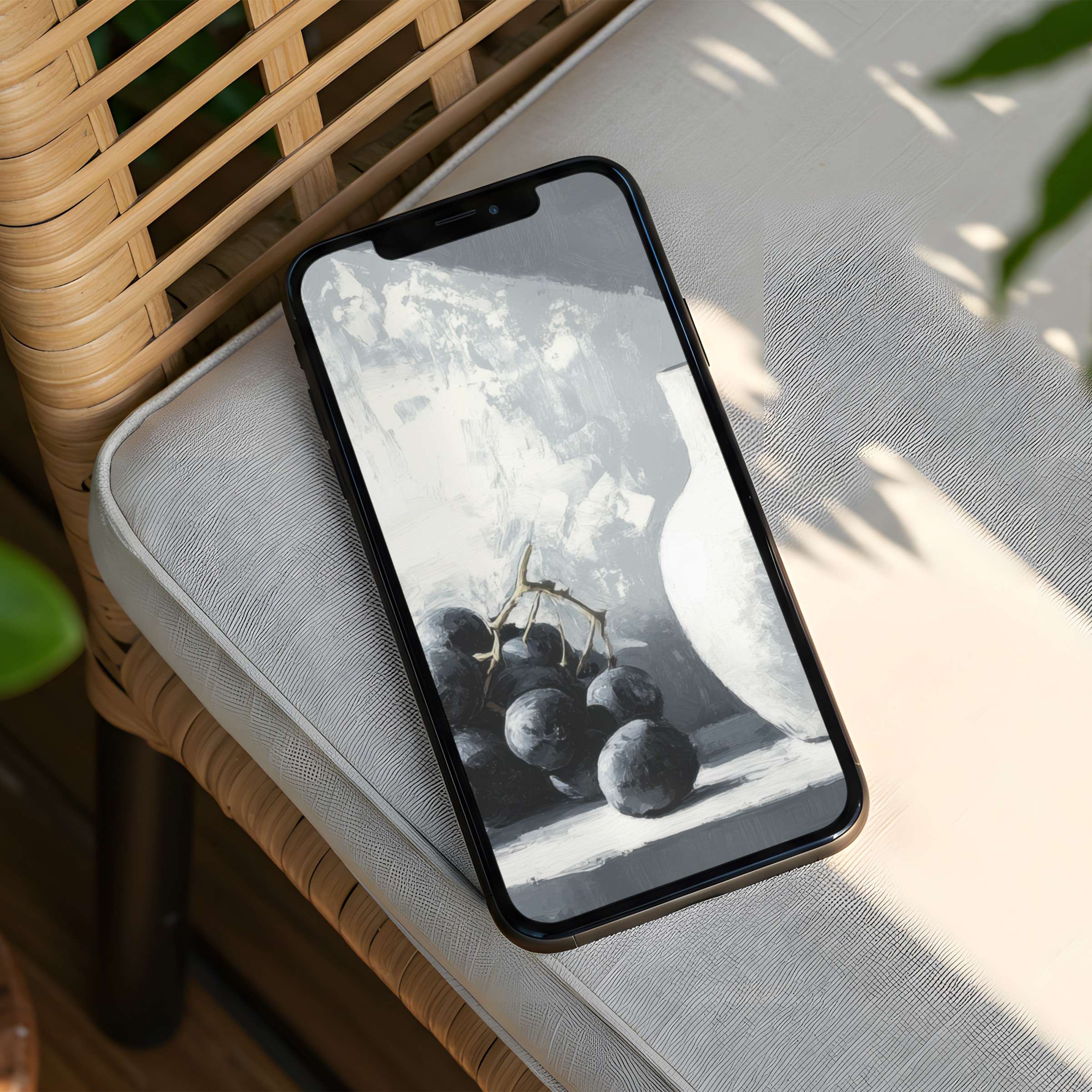 Elegant monochrome iPhone background with grapes and vase art evokes calm, elegance, and mindfulness, perfect for instant download to phone