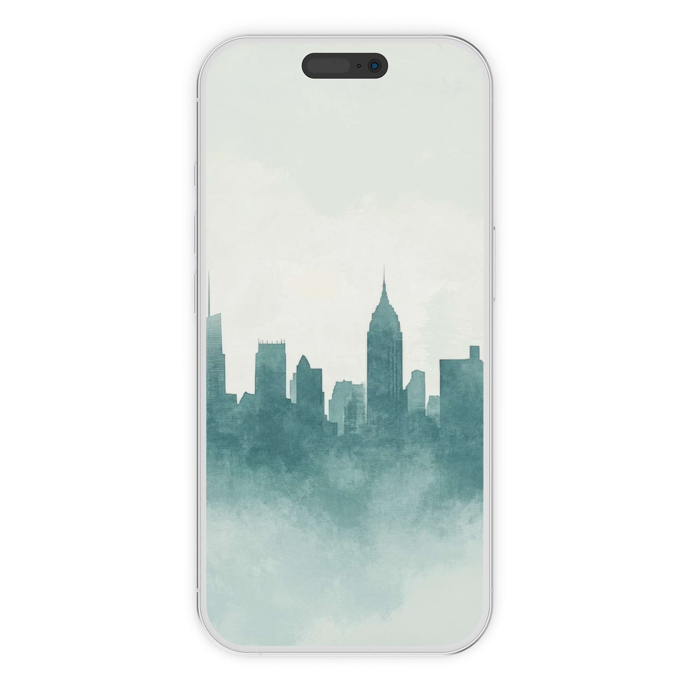 Elegant neutral iPhone wallpaper depicting a tranquil city skyline in soft watercolors for a calming phone background digital download