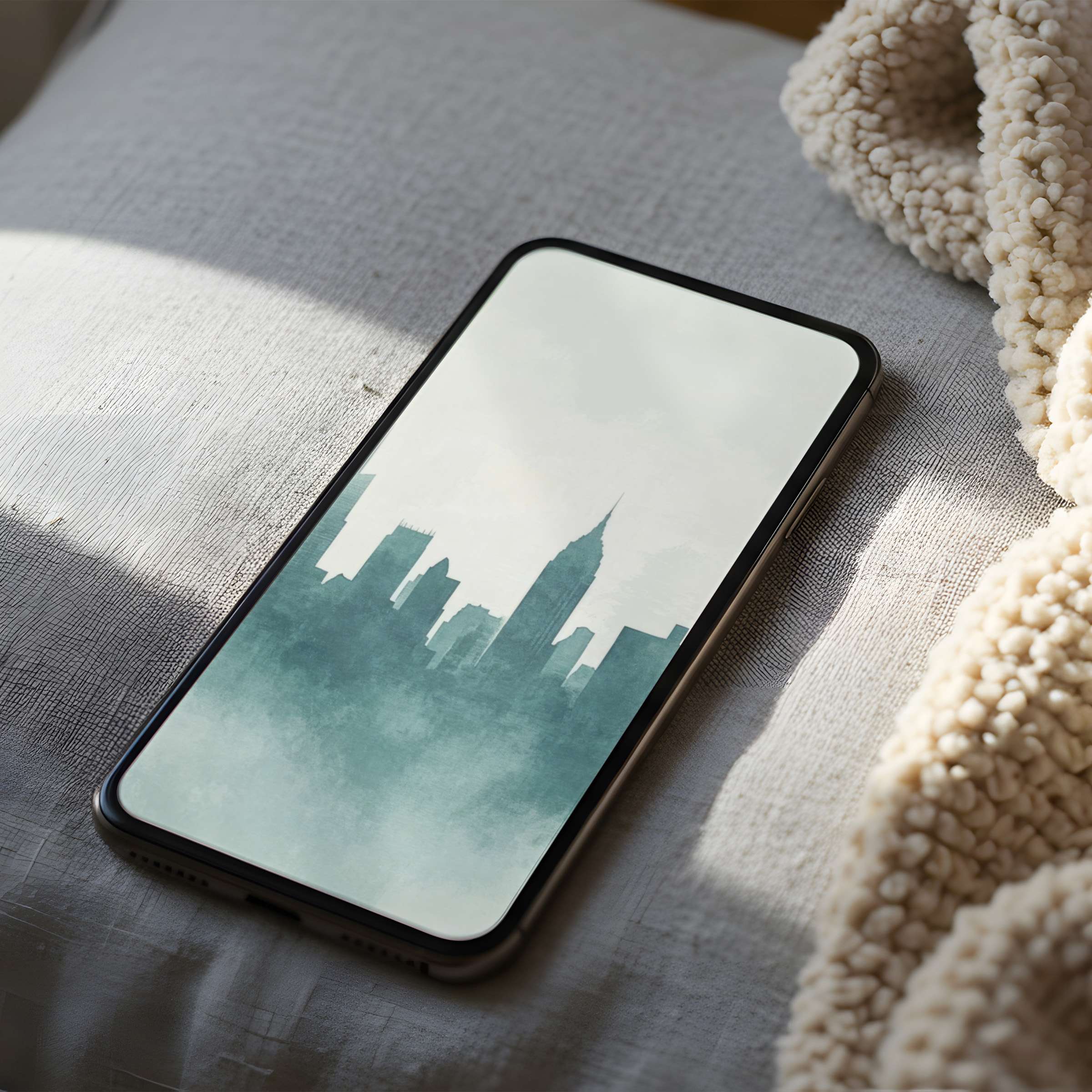 Elegant cityscape phone wallpaper in calming blue tones offers high resolution for iPhone and Android digital download