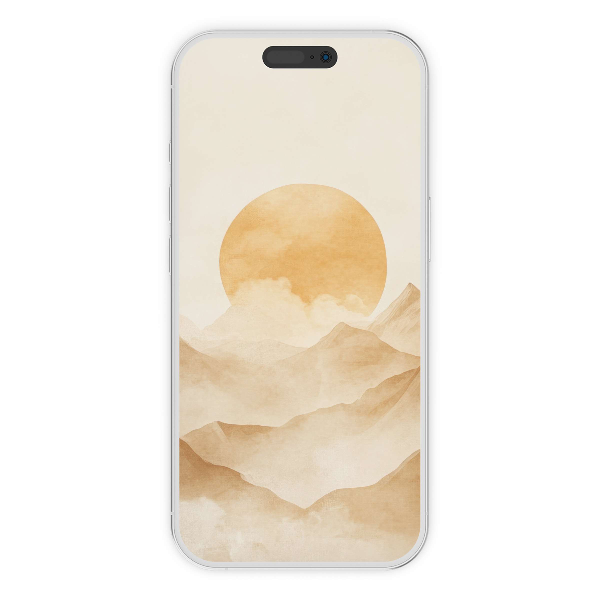 Neutral iPhone wallpaper with serene sun and mountains in warm hues, perfect digital download for calming phone background design