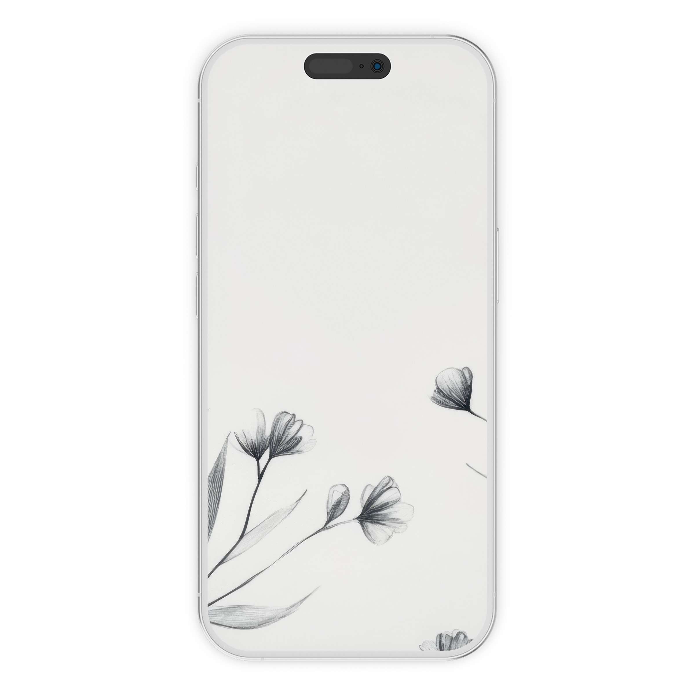 Neutral iPhone wallpaper with delicate black and white floral sketches, offering a calming phone background, perfect for digital download