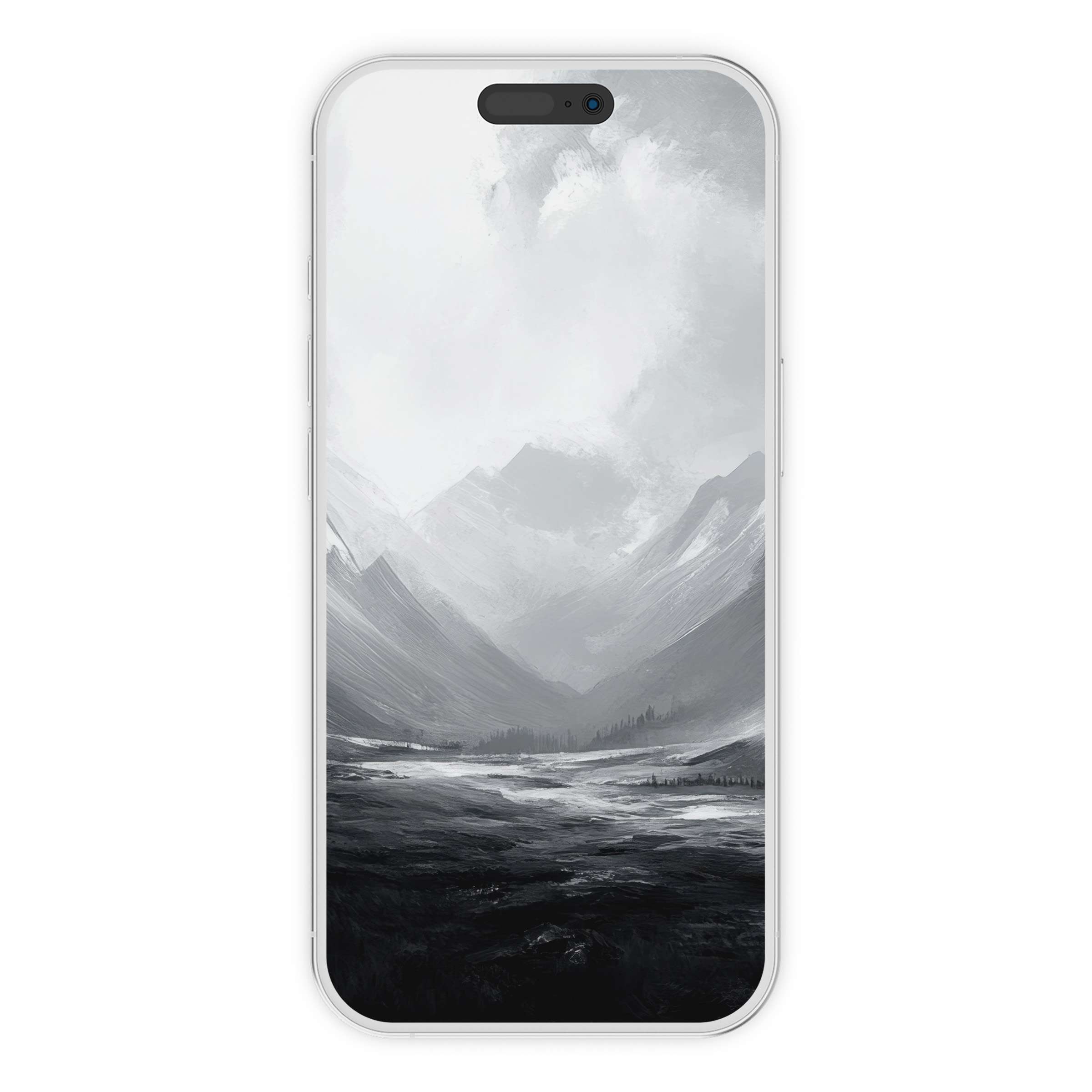 Minimalist grayscale mountain scene creates a serene neutral iPhone wallpaper, perfect phone background digital download for all devices