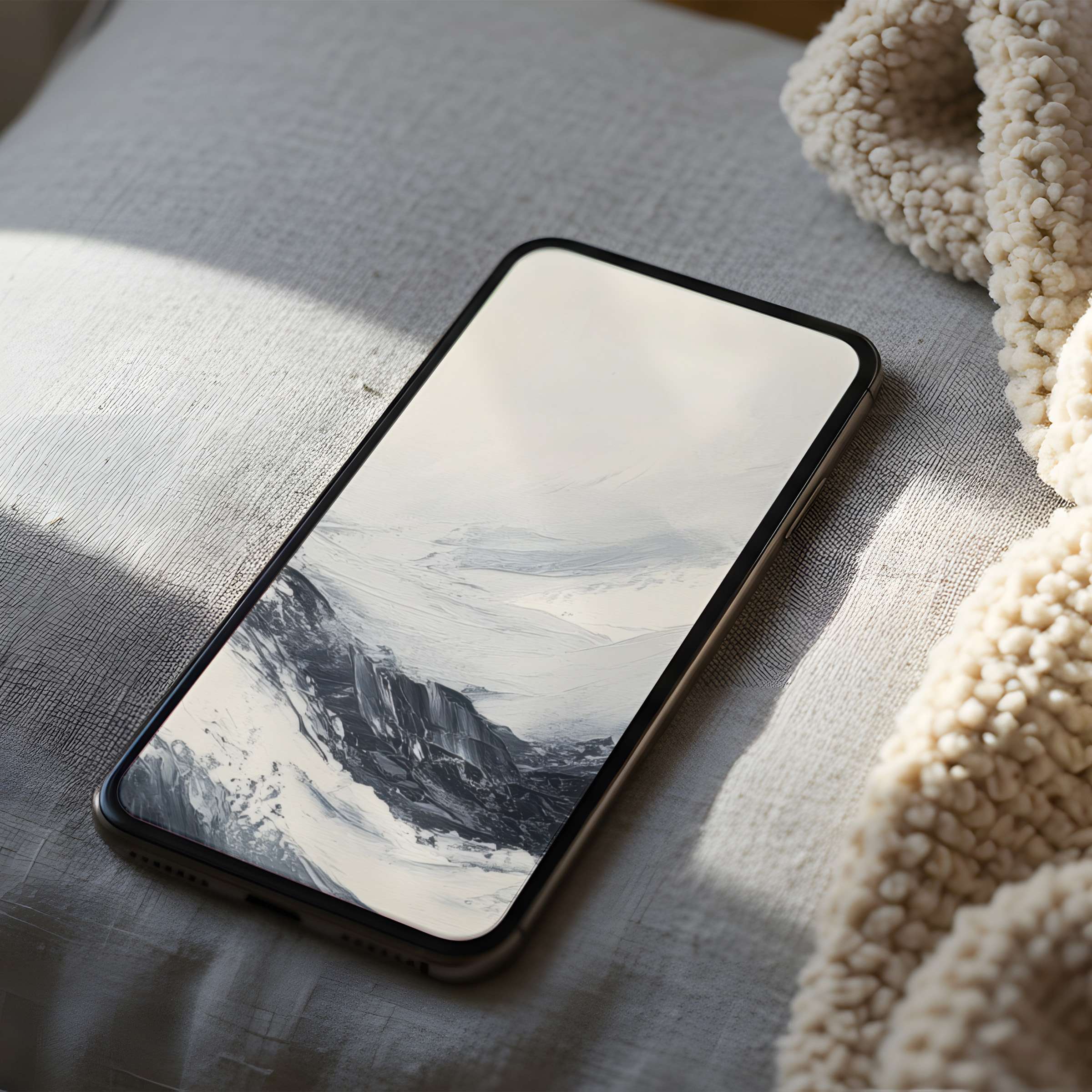 Serene abstract phone wallpaper featuring monochrome brushstrokes on high resolution iPhone nestled in soft, textured fabric conjures calm elegance