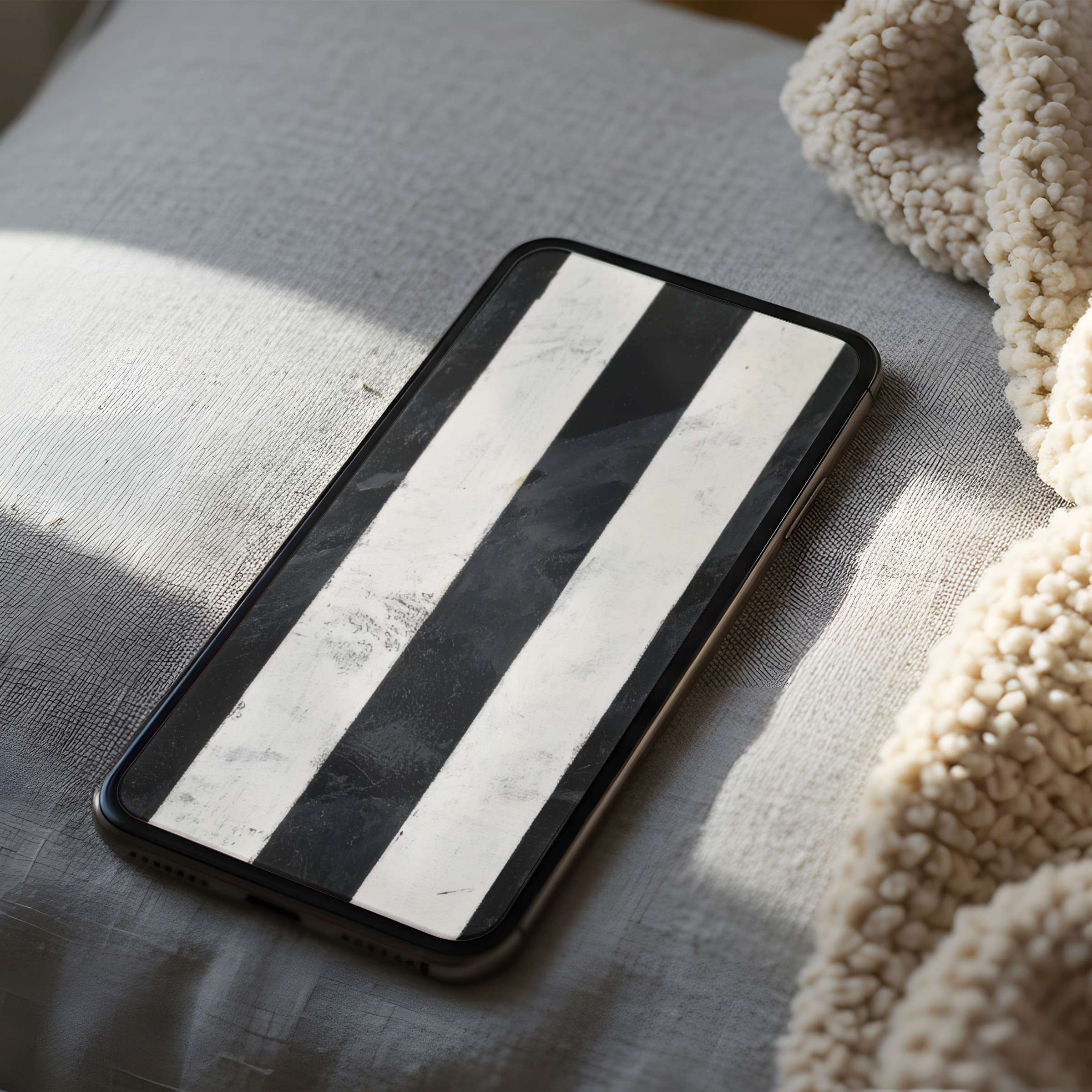 Minimalist phone wallpaper featuring elegant black and white stripes on iPhone offers calm and artful aesthetics digital download options