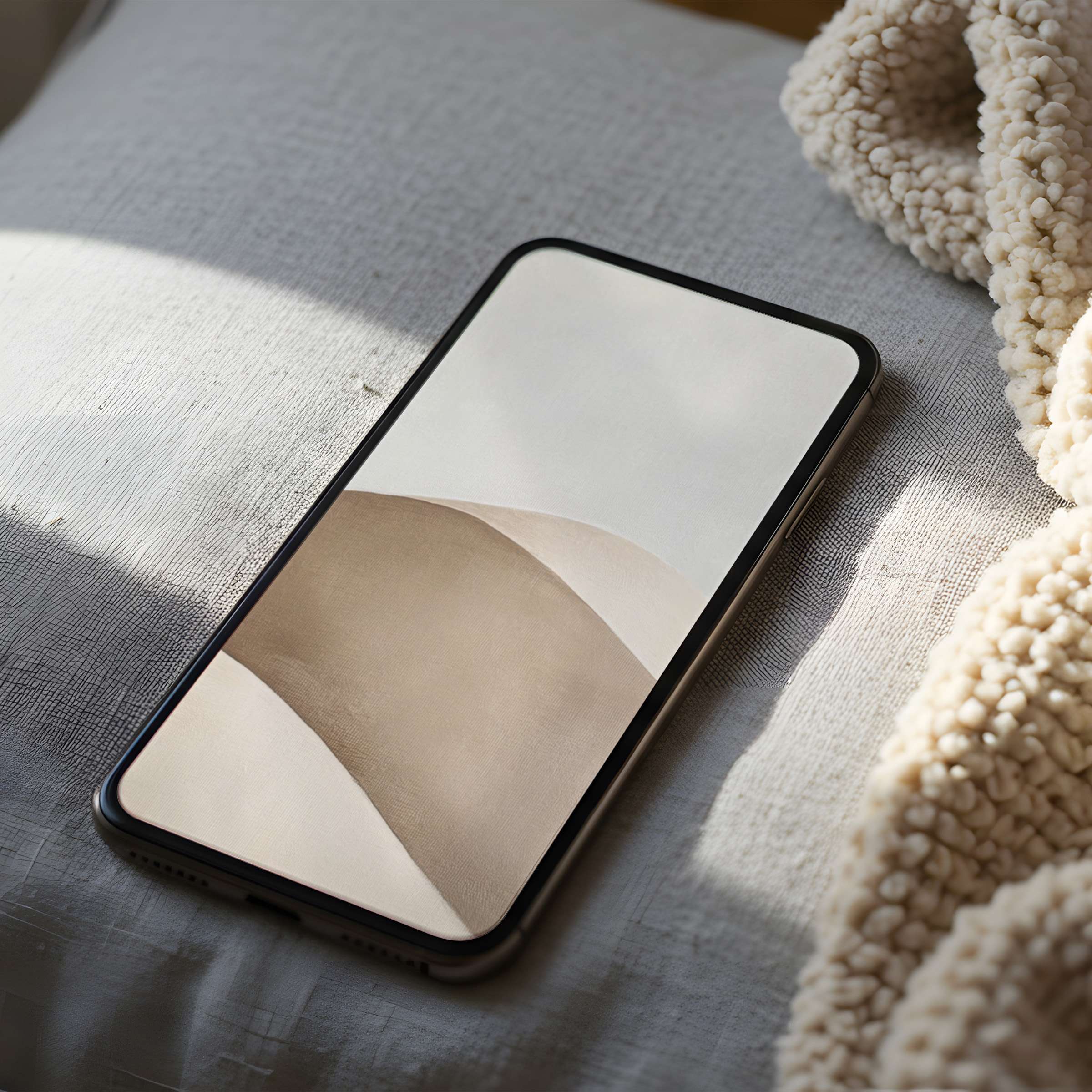 Elegant abstract phone wallpaper in soothing beige tones on a bed, perfect high-resolution digital download for iPhone and Android relaxation