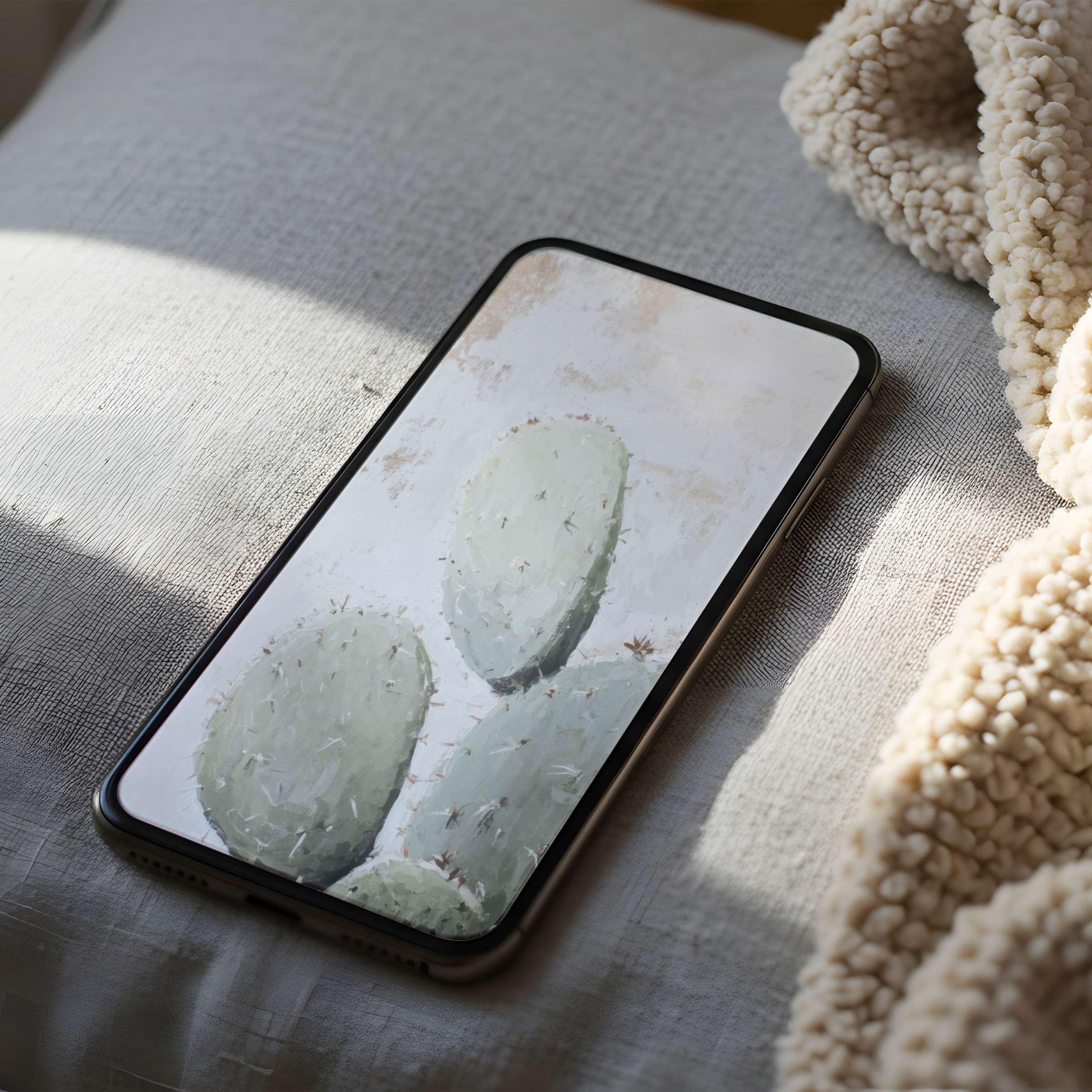 Cactus-themed phone wallpaper in high resolution provides a serene aesthetic fit for iPhone and Android digital downloads amid soft textures