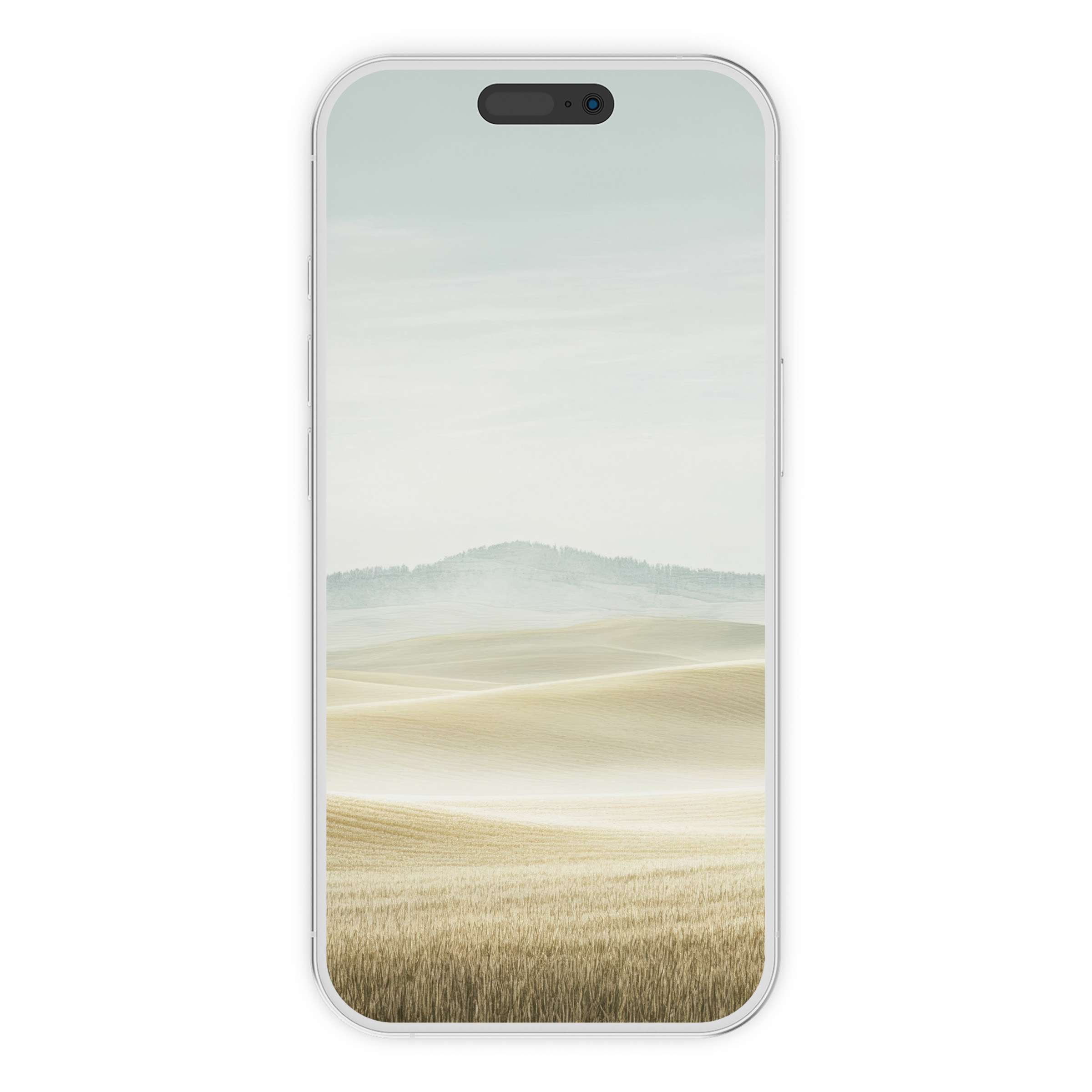 Serene neutral iPhone wallpaper showcasing misty hills and golden fields for an elegant phone background digital download