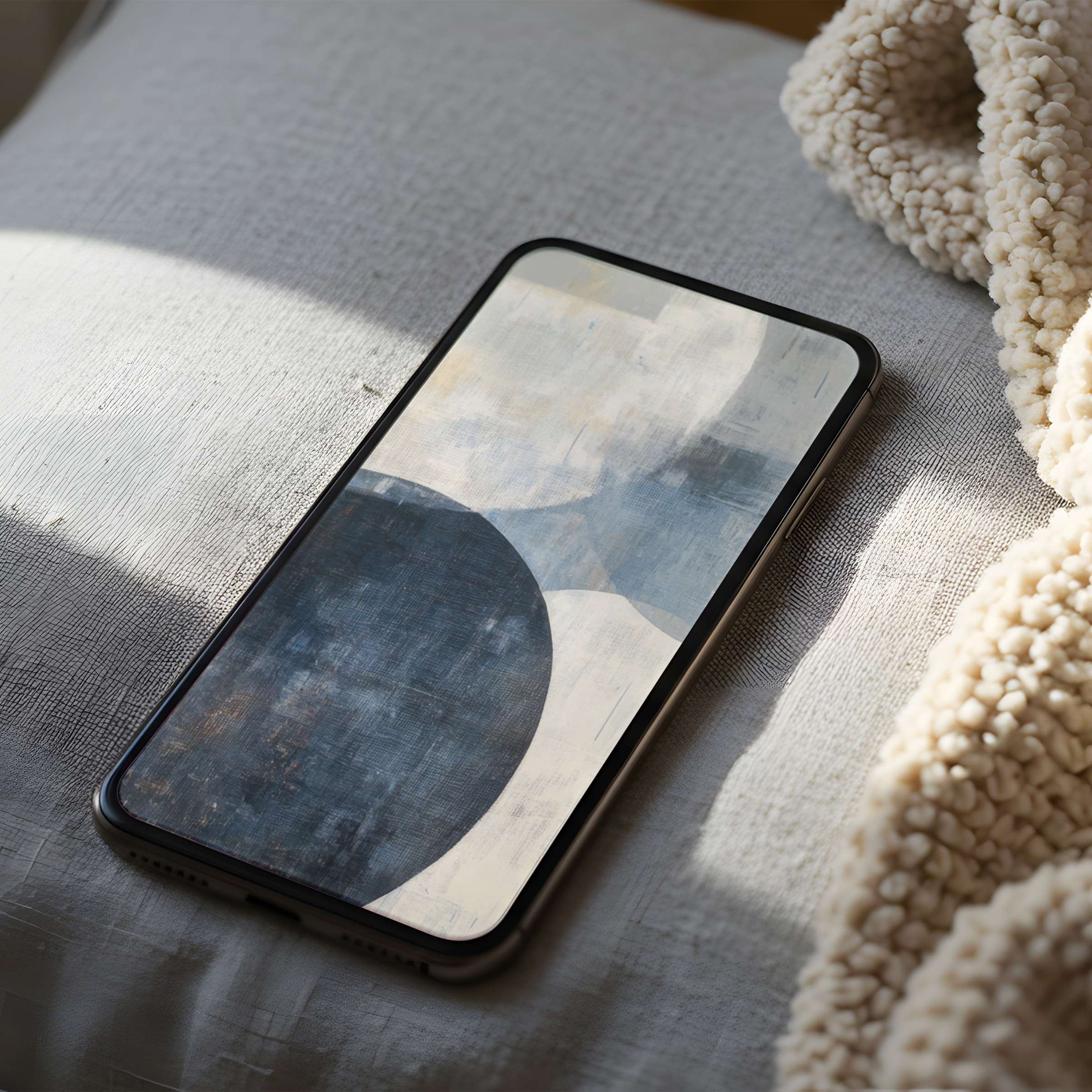 Curated phone wallpaper featuring abstract circles in calming blues and grays, offering high resolution for both iPhone and Android users