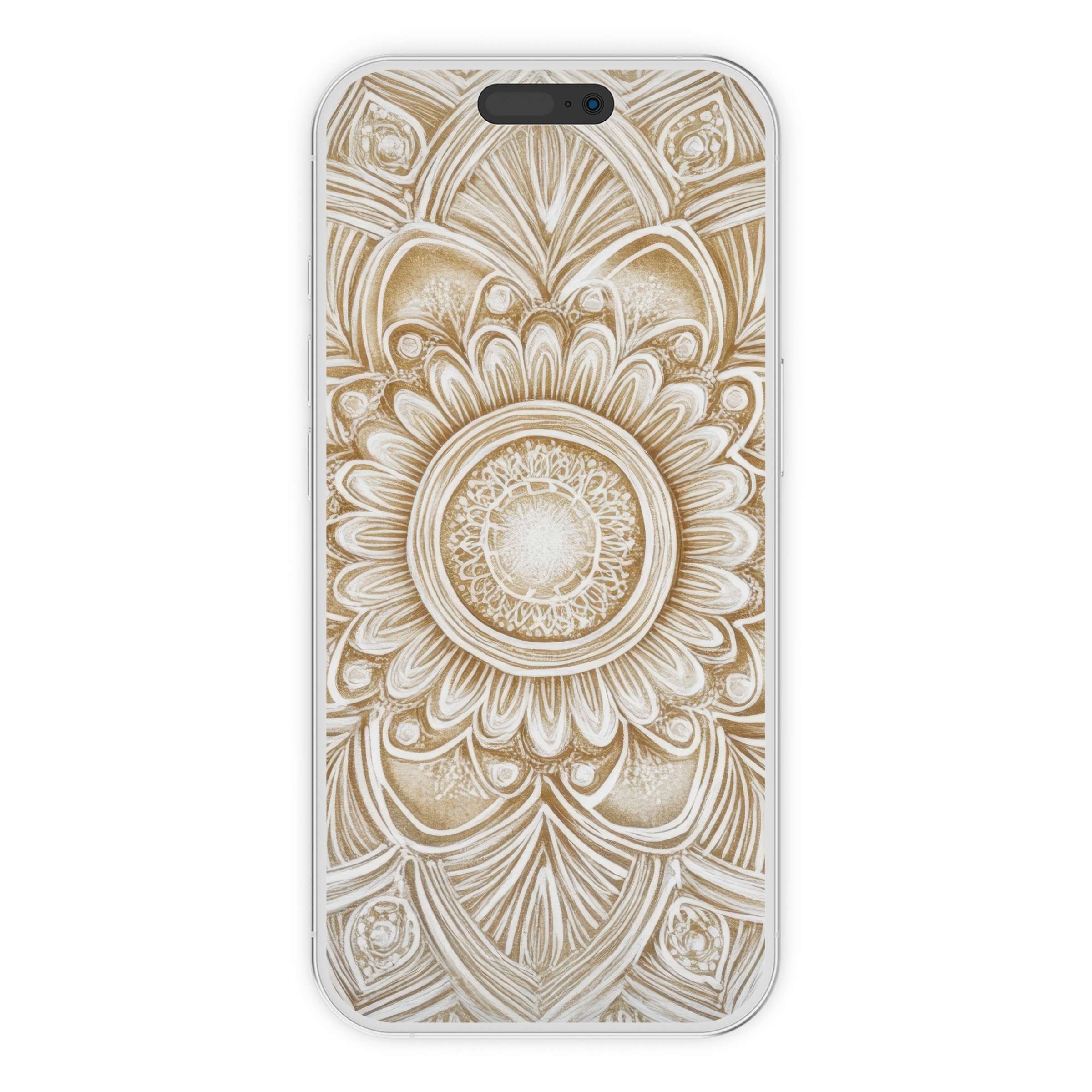 Elegant mandala design in beige tones offers a serene neutral iPhone wallpaper for phone background digital download, eco-friendly style