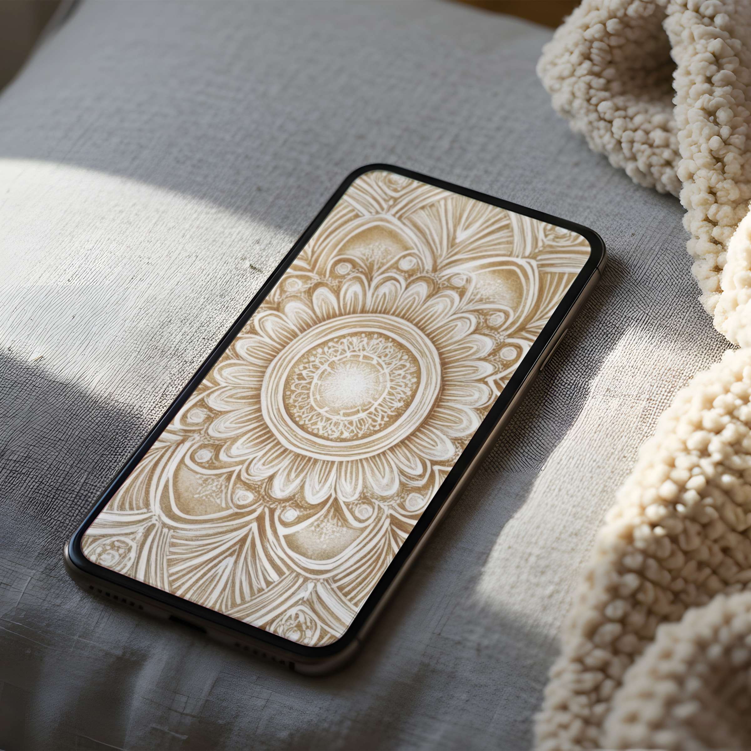 Elegant beige mandala phone wallpaper infuses calm into any interior high-resolution digital art download for iPhone and Android users