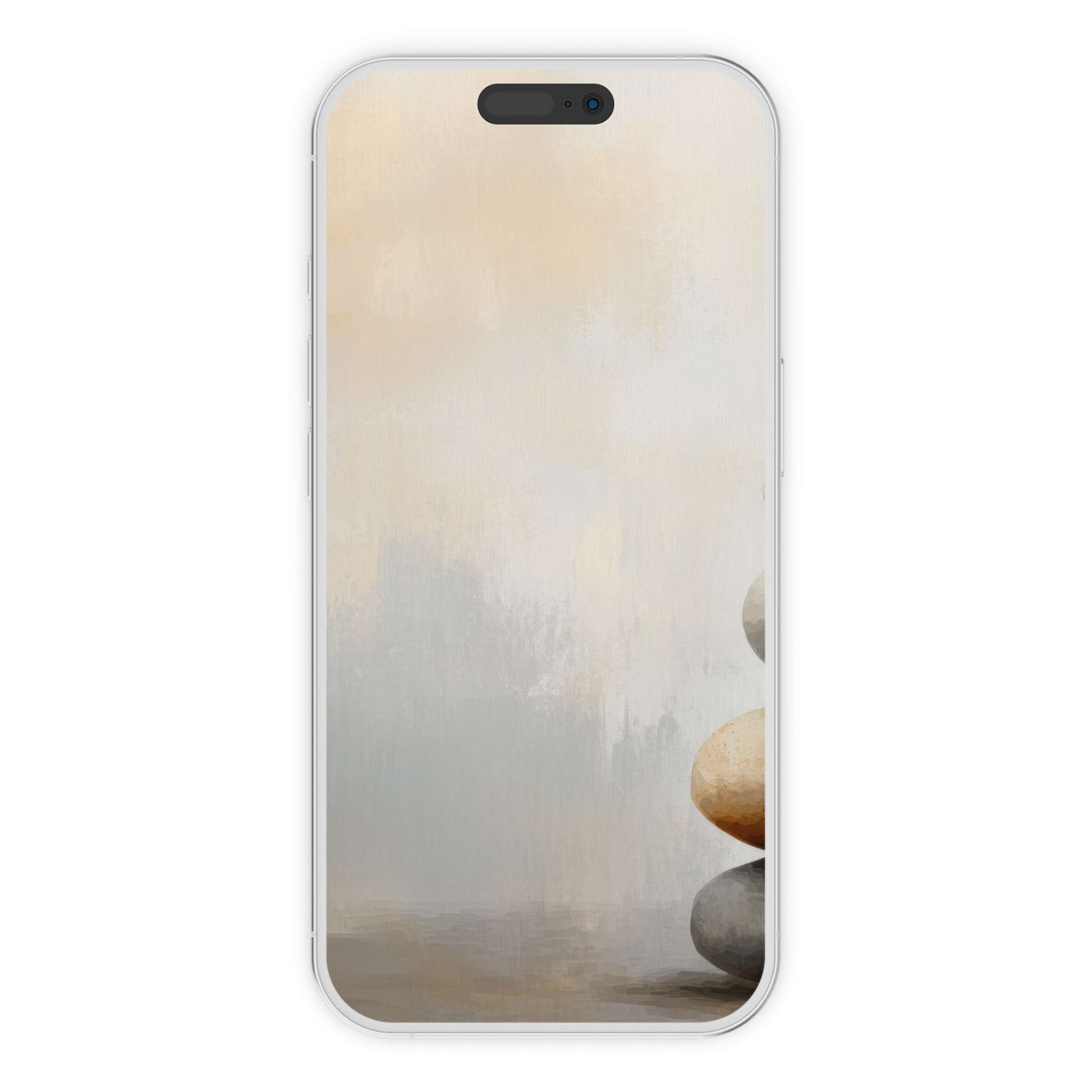 Neutral iPhone wallpaper with soft beige and gray tones, balancing stones for serene phone background, perfect digital download for phones