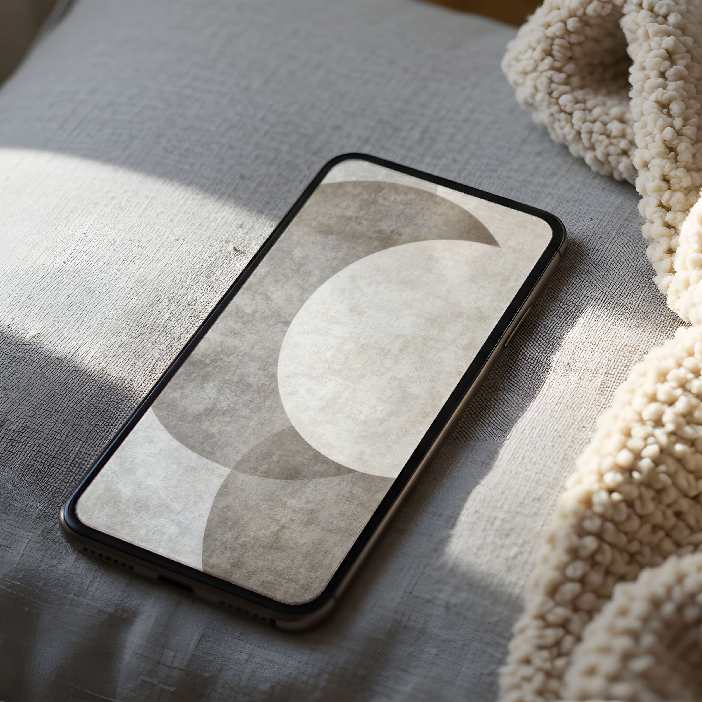 Elegant abstract phone wallpaper in soft neutrals, perfect for high resolution iPhone and Android downloads, offering serene aesthetics