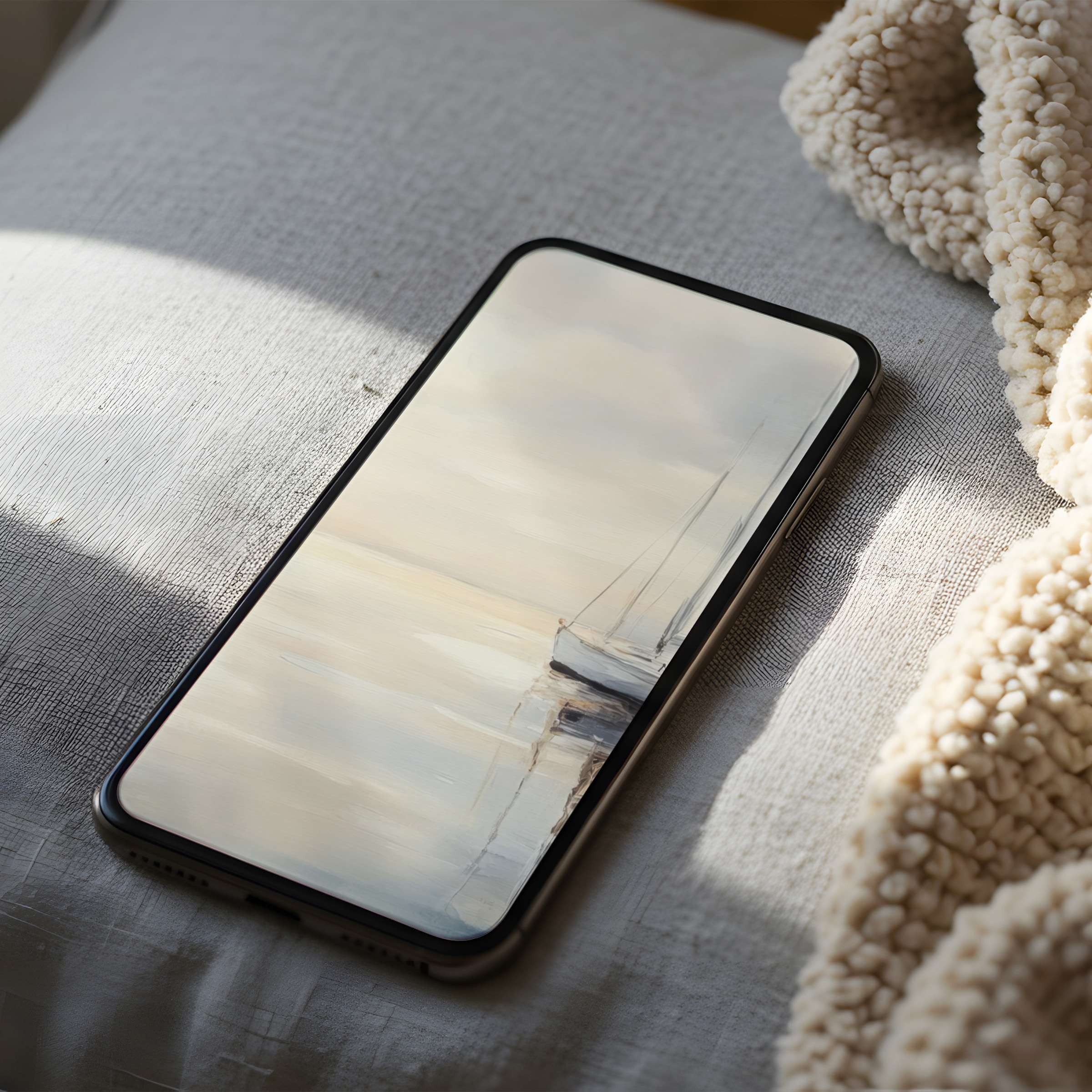 Elegant phone wallpaper featuring serene sailboats on a misty sea in soft neutrals offers calm inspiration for iPhone download