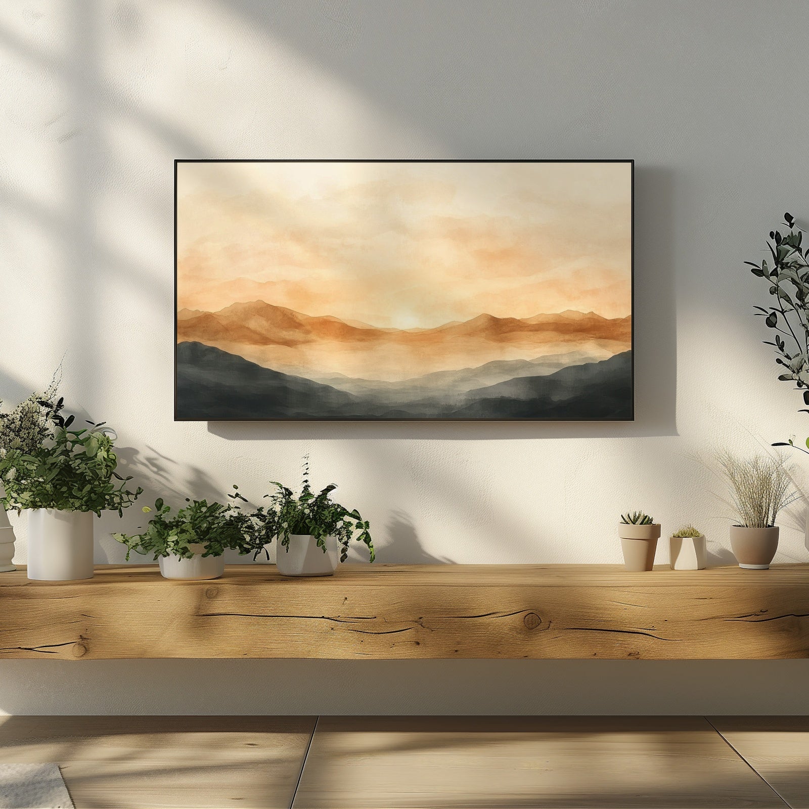 Neutral abstract mountain landscape art in warm beige and charcoal tones displayed on a Samsung Frame TV, adding calm, minimalist home decor and serene living room ambiance