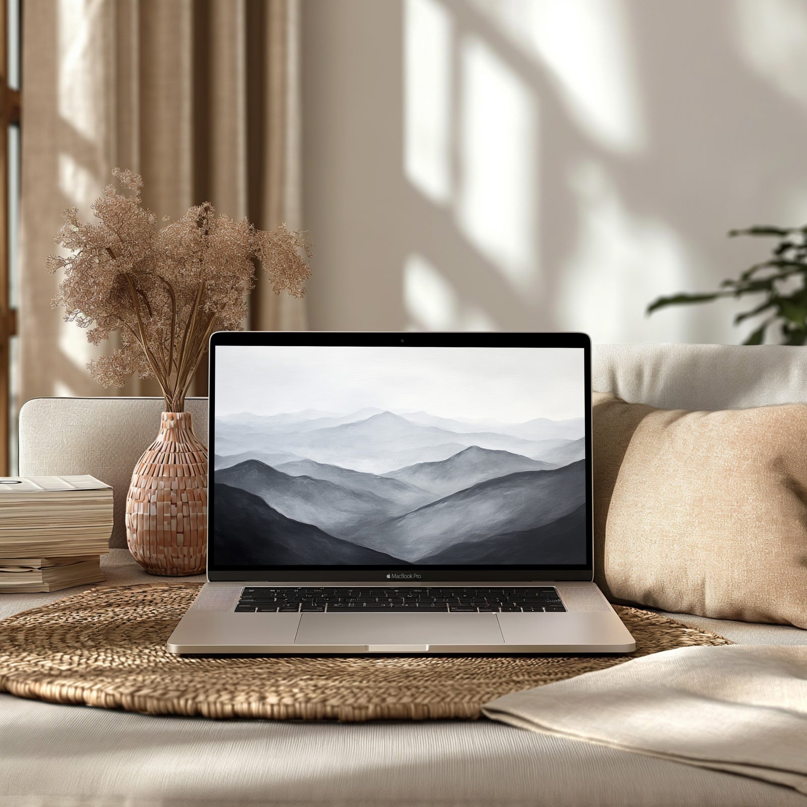 Neutral desktop wallpaper featuring soft mountain layers in calming gray tones, a minimalist landscape design that adds serenity and sophistication to any workspace