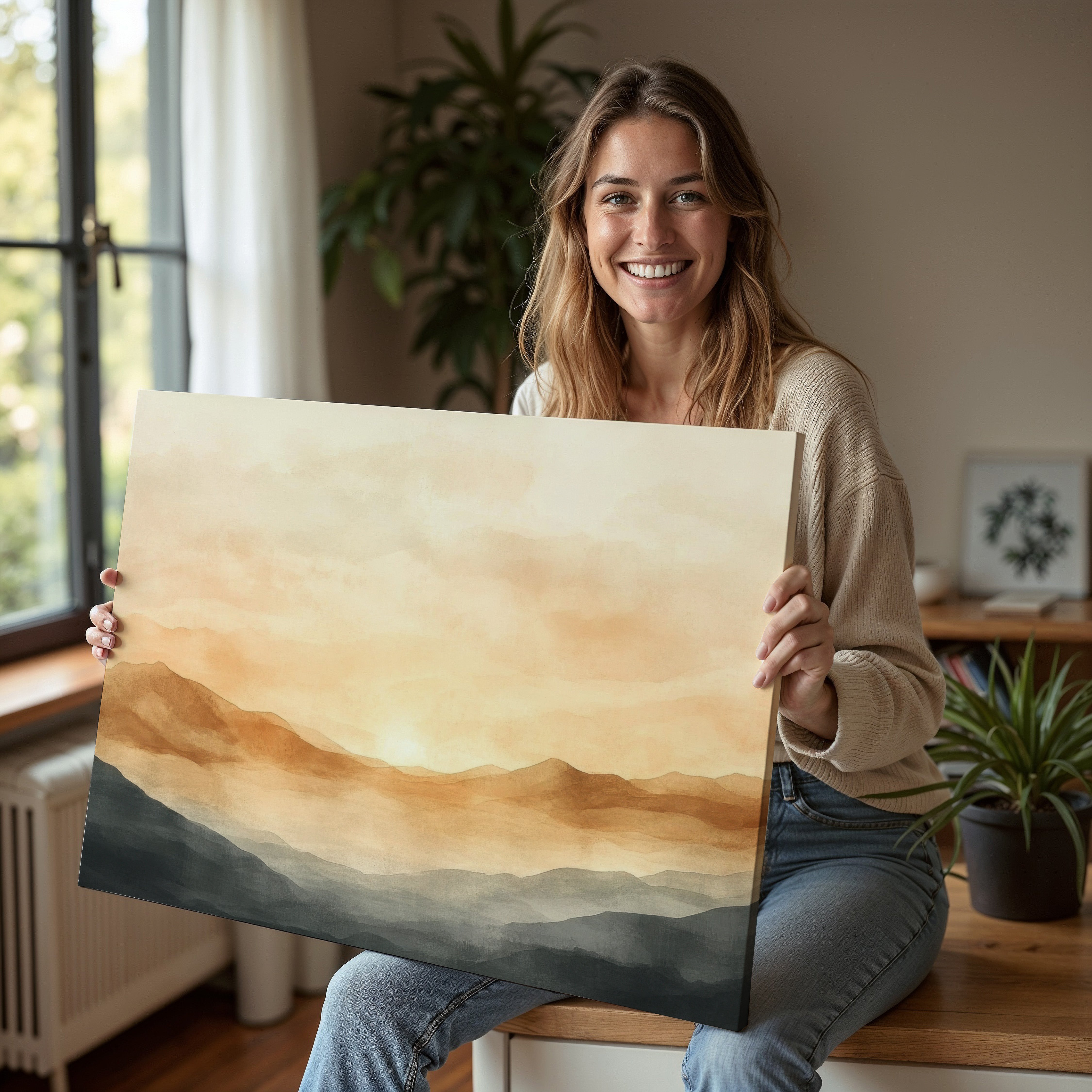 Neutral digital art print featuring layered mountain silhouettes in warm beige and gray tones - a serene, modern wall art piece that adds calm and sophistication to contemporary interiors