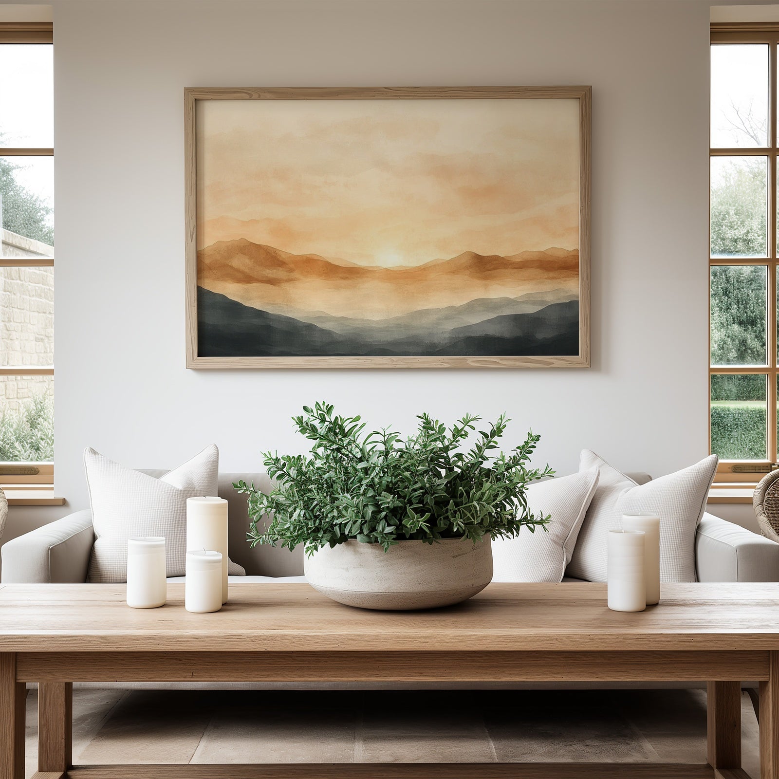 Bright living room with minimalist decor showcasing a large framed digital wall art print of warm-toned abstract mountains in beige, gold, and gray hues, adding calm and balance to the space
