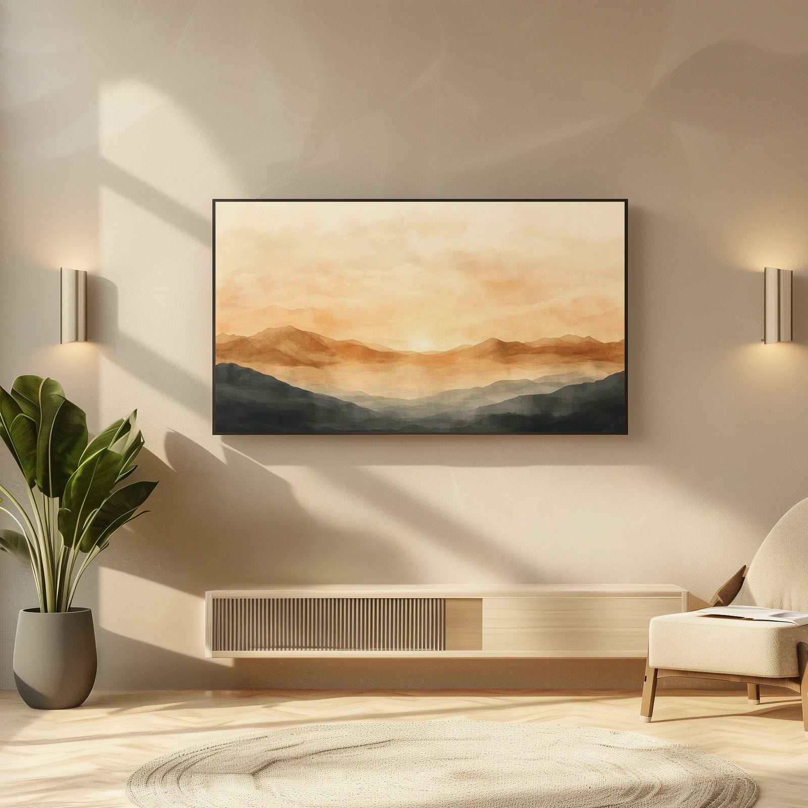 Neutral Frame TV Art Watercolor landscape in modern living room