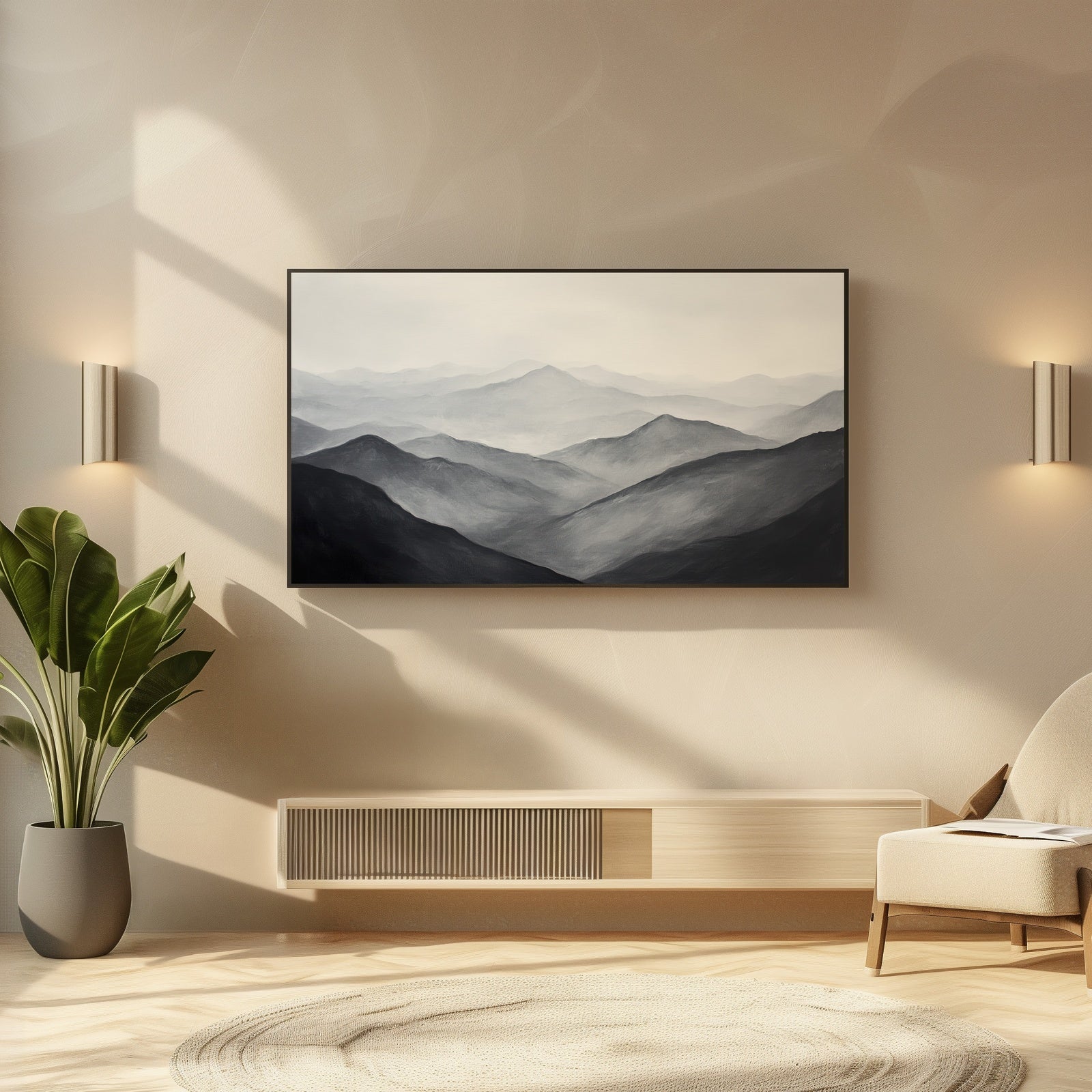 Black and White Neutral Frame TV Art in modern Living Room