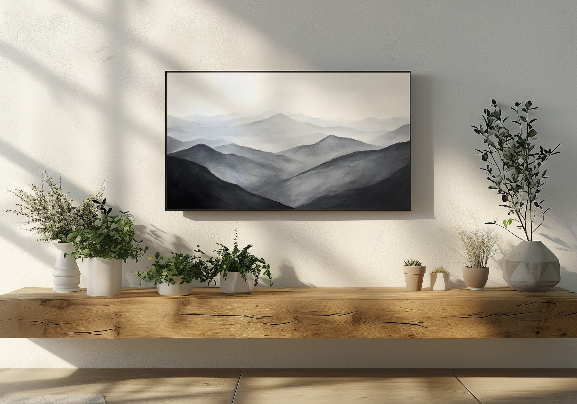 Neutral Frame TV Art with Watercolor Mountains