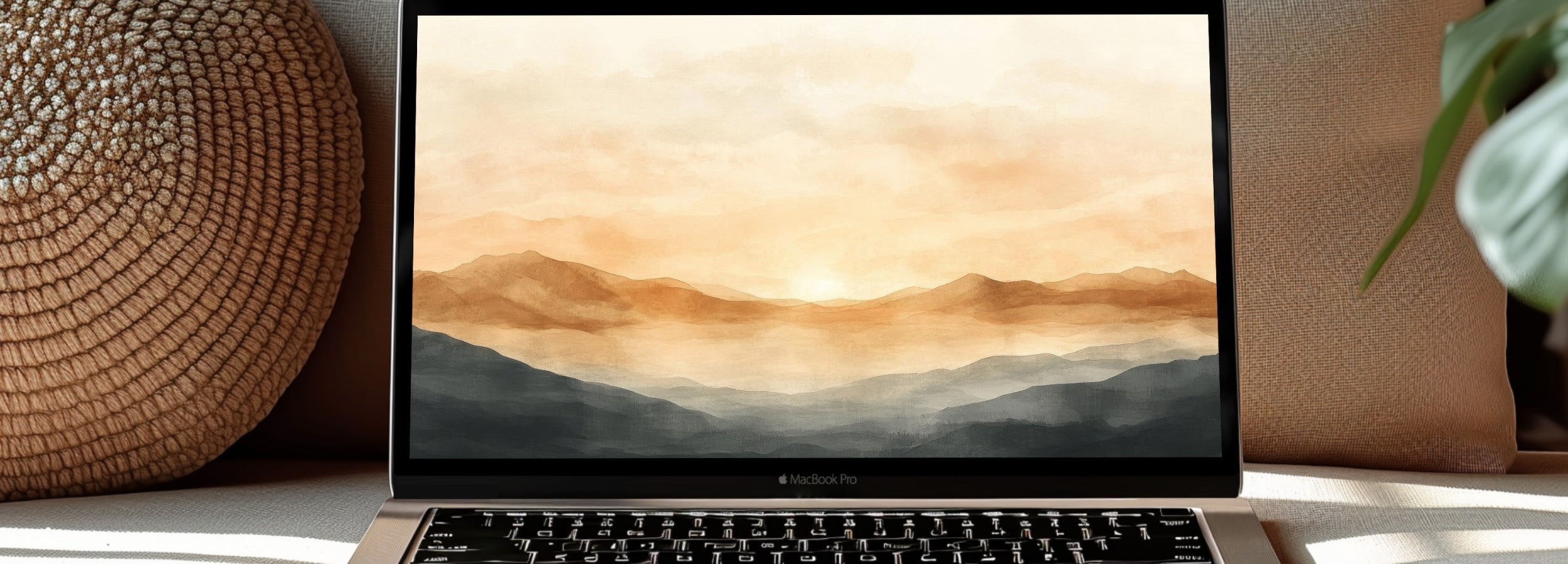 Neutral desktop wallpaper featuring soft watercolor mountains in warm beige and grey tones - a calming and minimalist design that brings balance and tranquility to any workspace