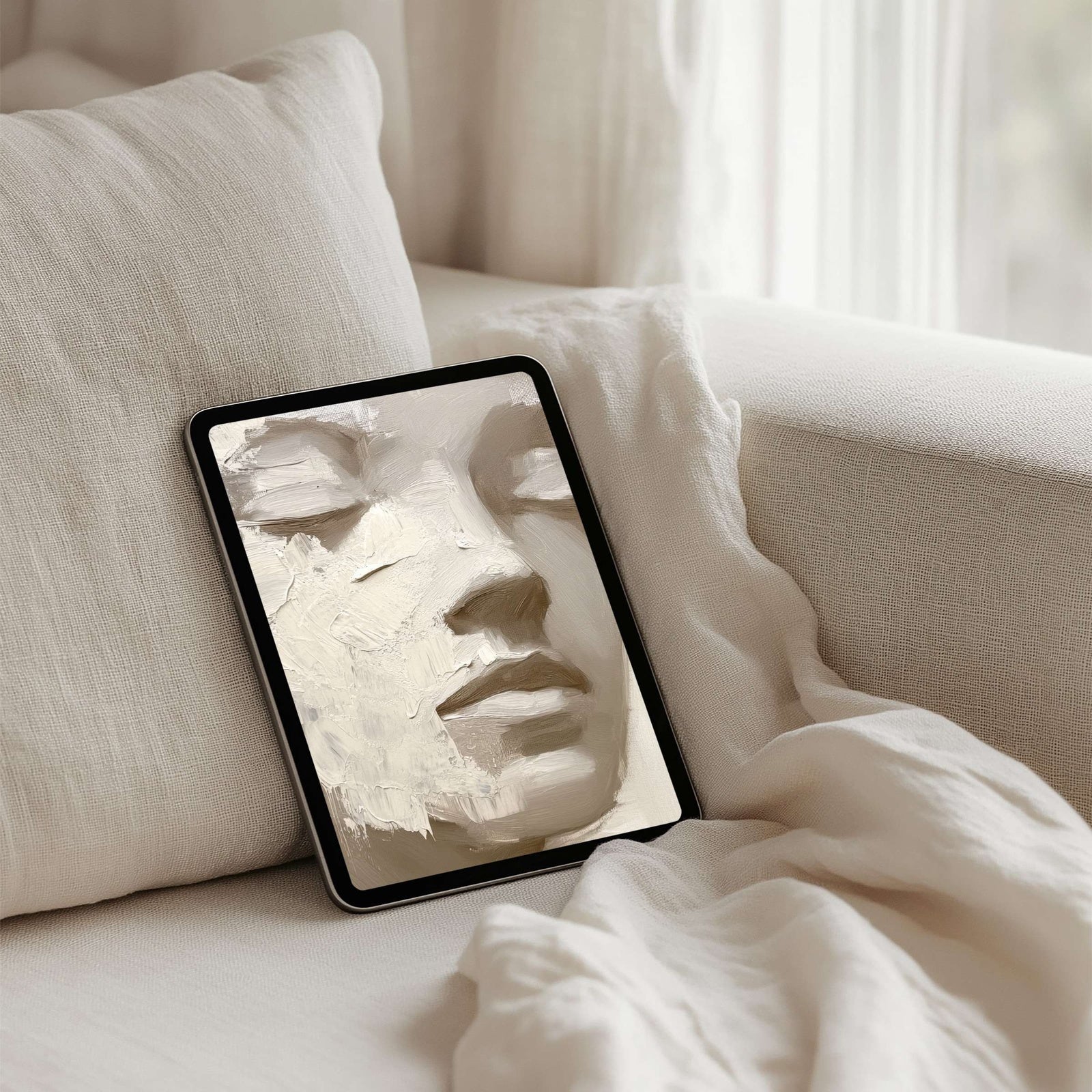 Neutral iPad wallpaper featuring an abstract face portrait in soft beige tones, minimalist tablet background that adds calm elegance and modern artistic depth to your digital space
