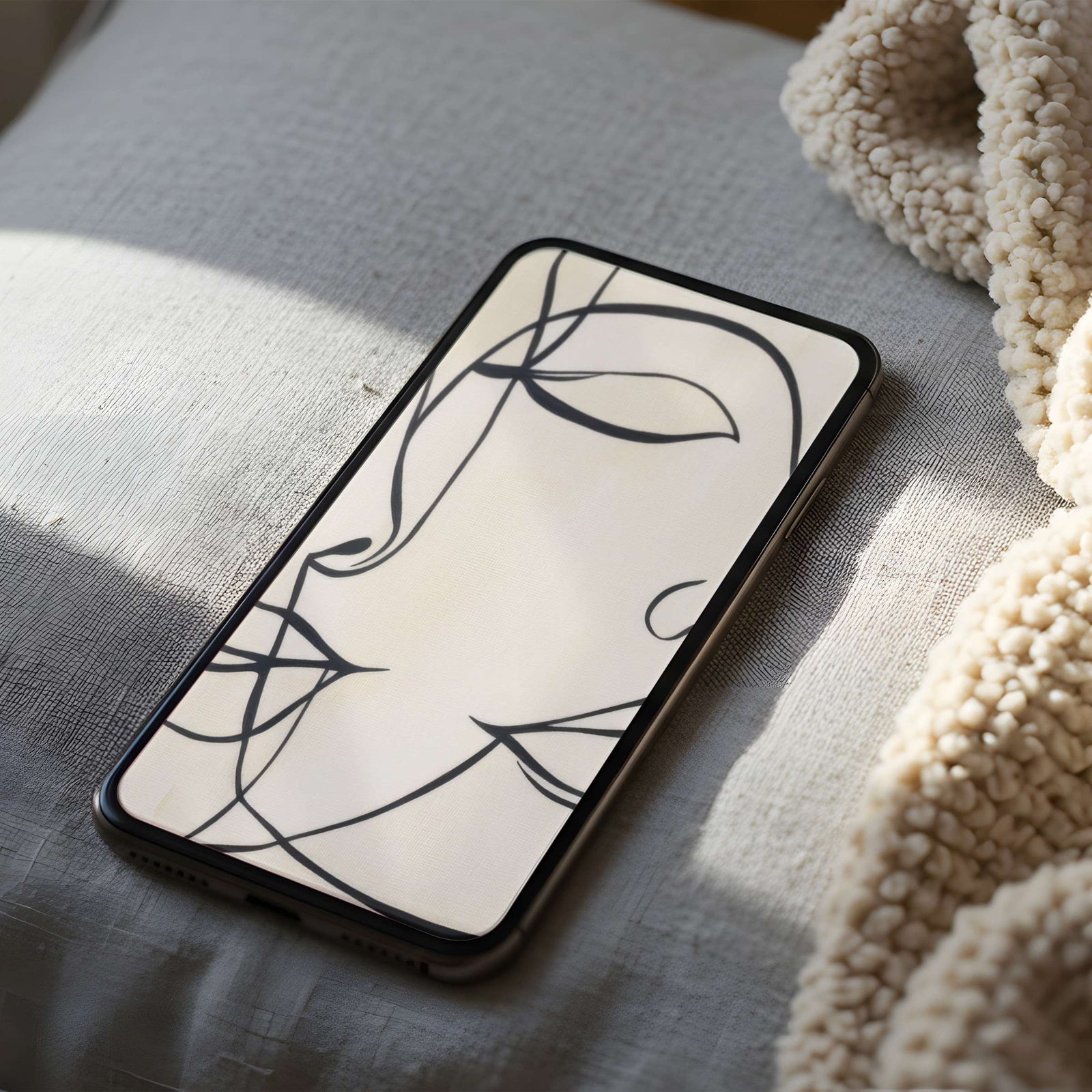 Minimalist line art iPhone background featuring an elegant abstract face in soft neutral tones - a refined, modern background for a calm and stylish home screen