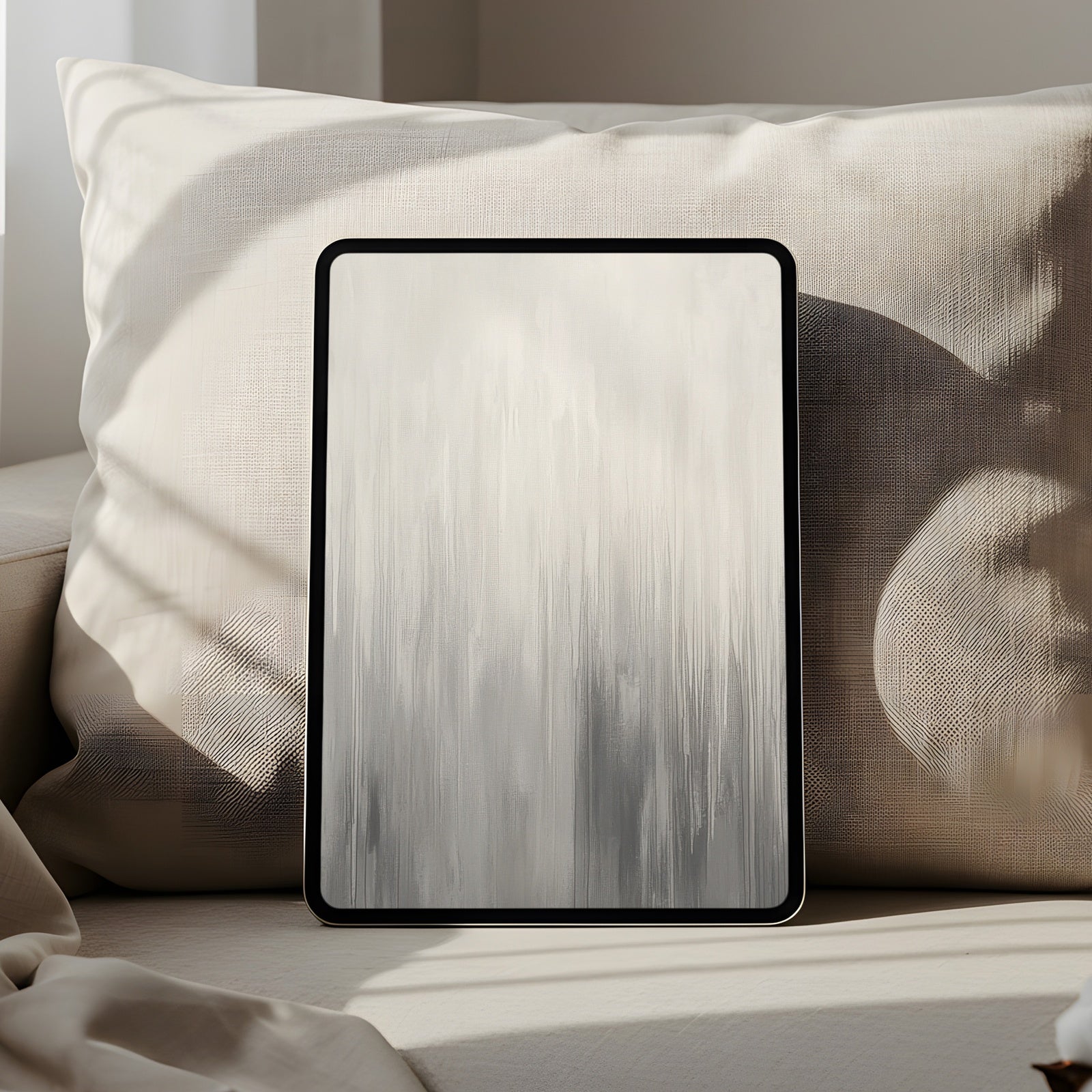Neutral abstract iPad wallpaper with soft beige and gray brush strokes, minimalist tablet background designed to bring calm, elegance, and modern style to your digital space