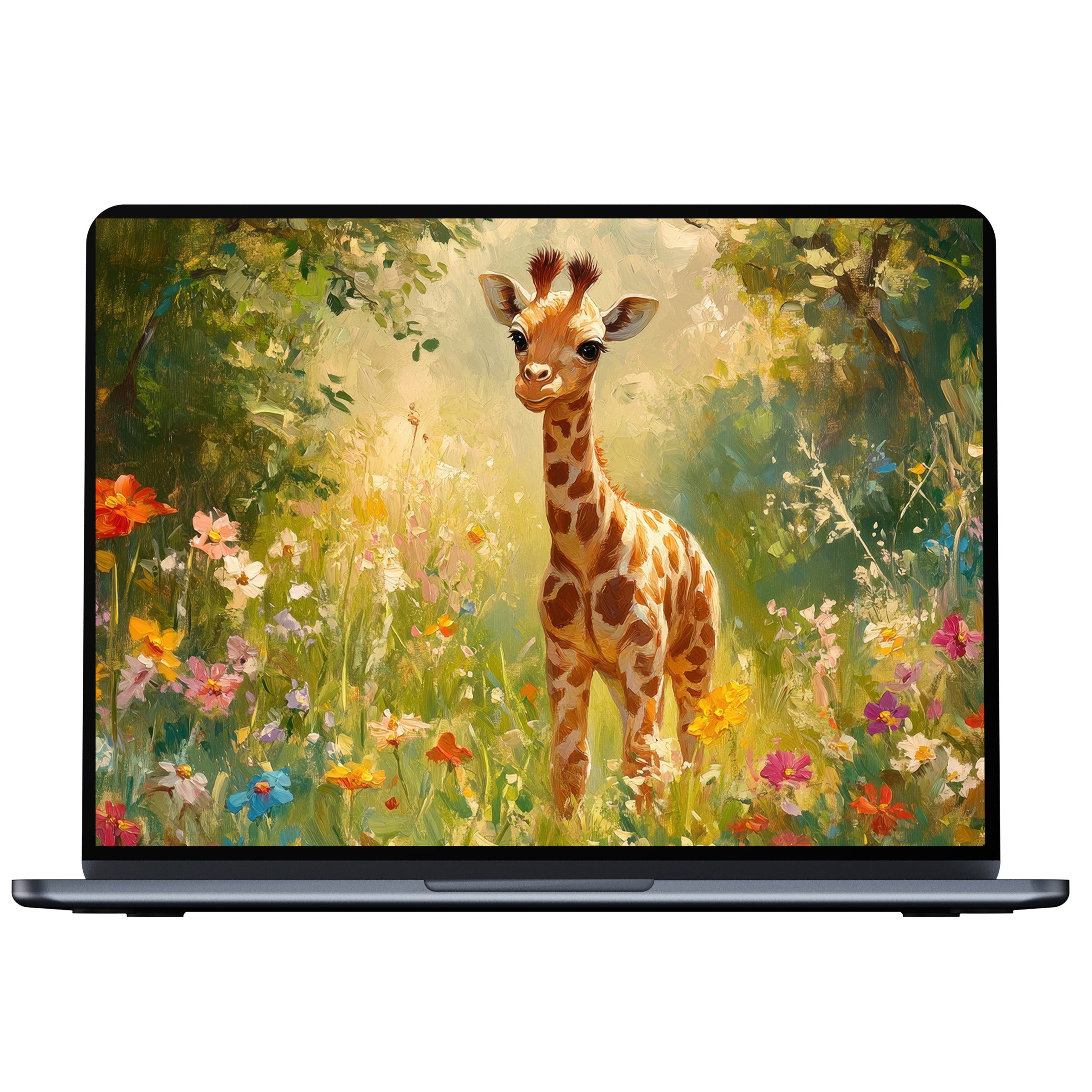 Charming nursery desktop wallpaper featuring a baby giraffe in a vibrant floral meadow digital download for PC and Laptop use